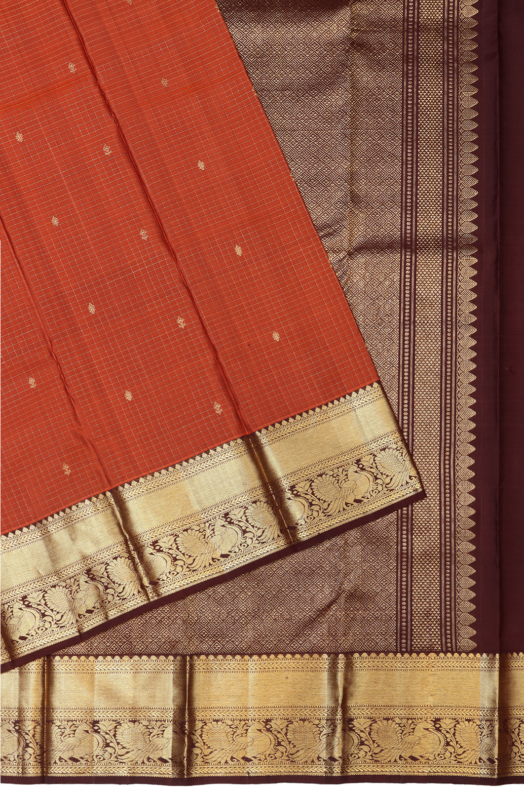 Kanchipuram Silk Checks And Butta Rust Orange Saree