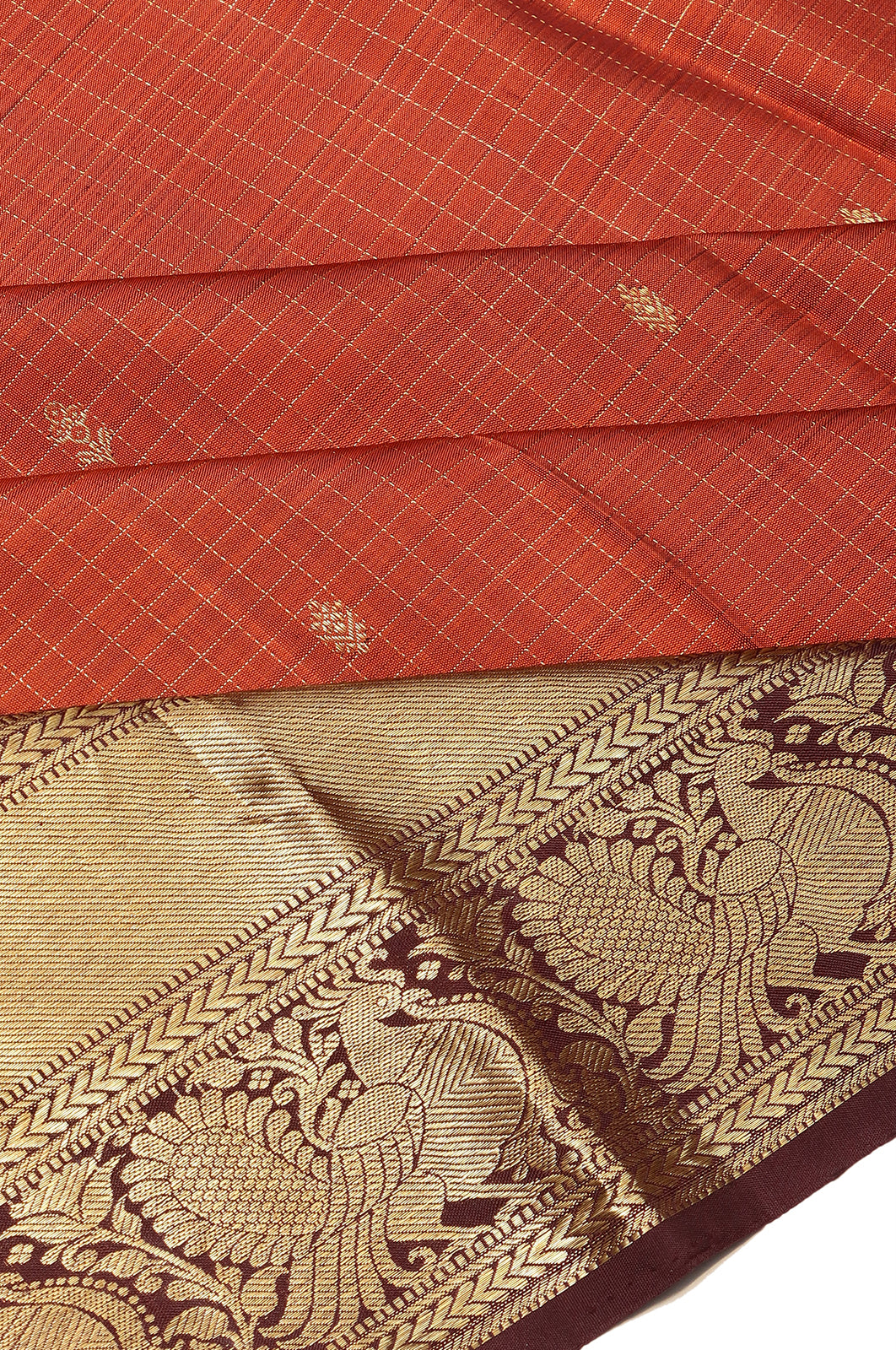 Kanchipuram Silk Checks And Butta Rust Orange Saree