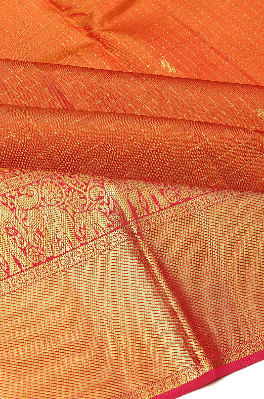 Kanchipuram Silk Checks And Butta Orange Saree