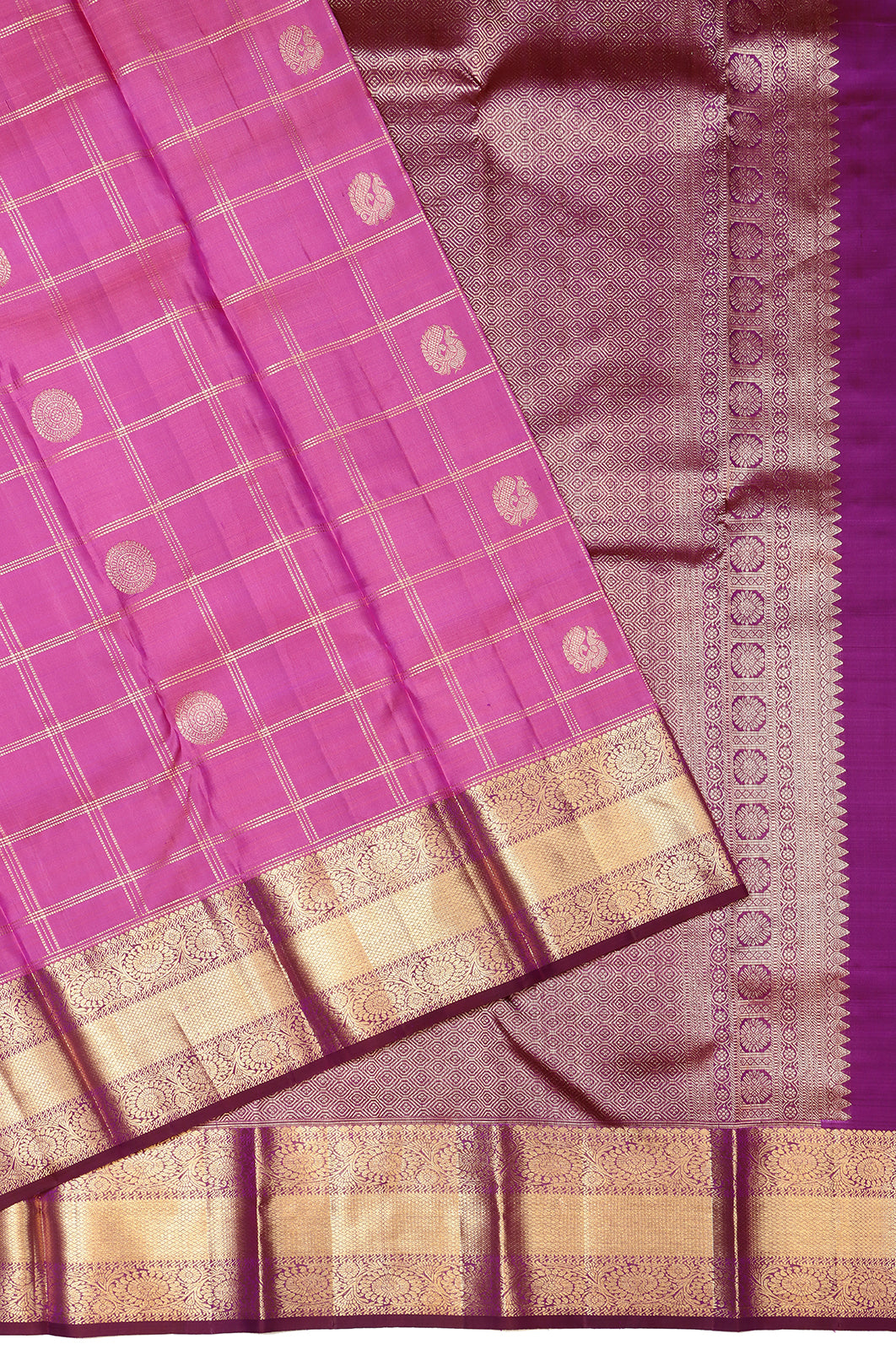 Kanchipuram Silk Checks And Butta Pink Saree