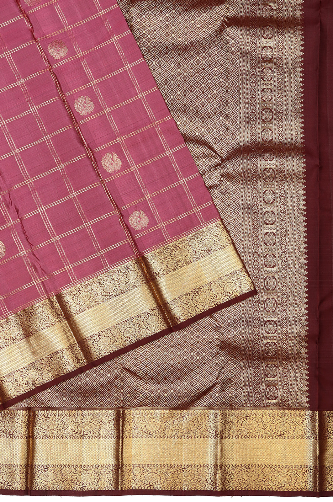Kanchipuram Silk Checks And Butta Pink Saree