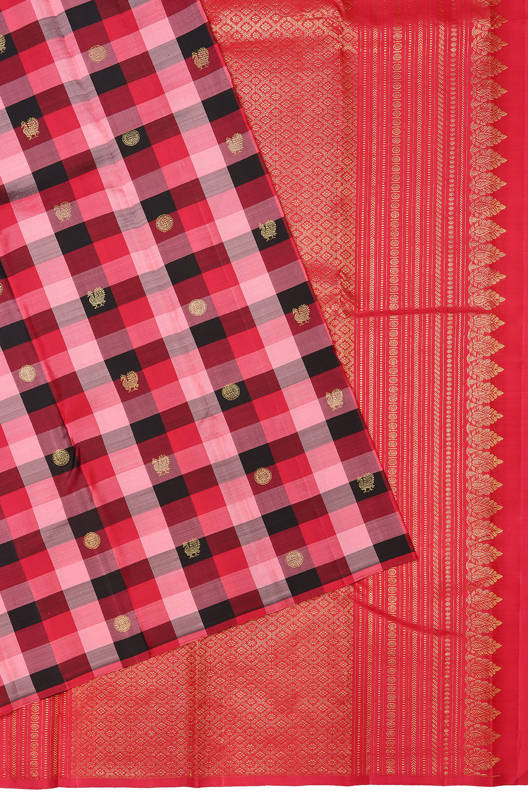 Kanchipuram Silk Checks And Butta Red Saree