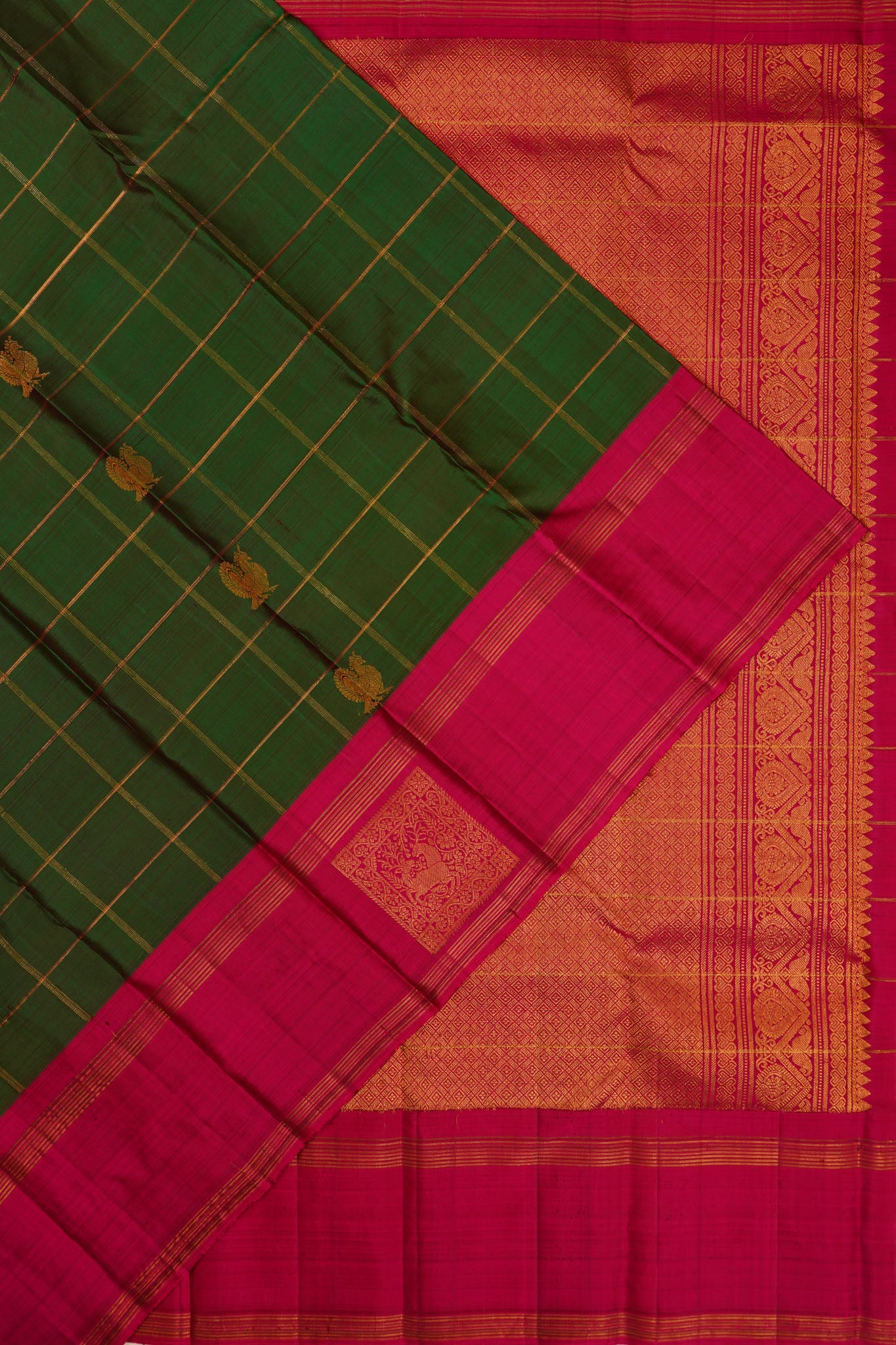 Taranga Kanchi Silk Checks And Butta Dark Green Saree