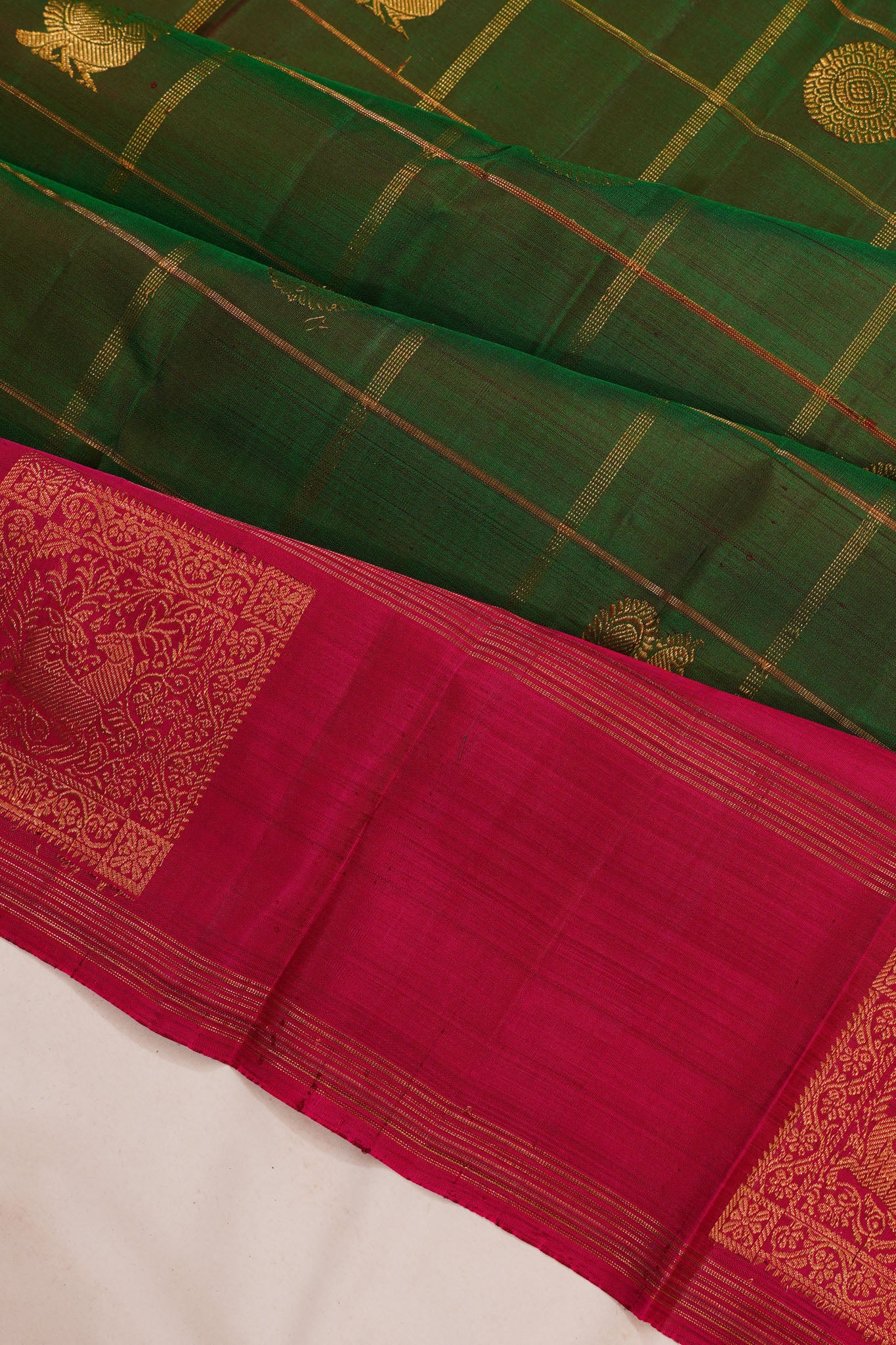 Taranga Kanchi Silk Checks And Butta Dark Green Saree