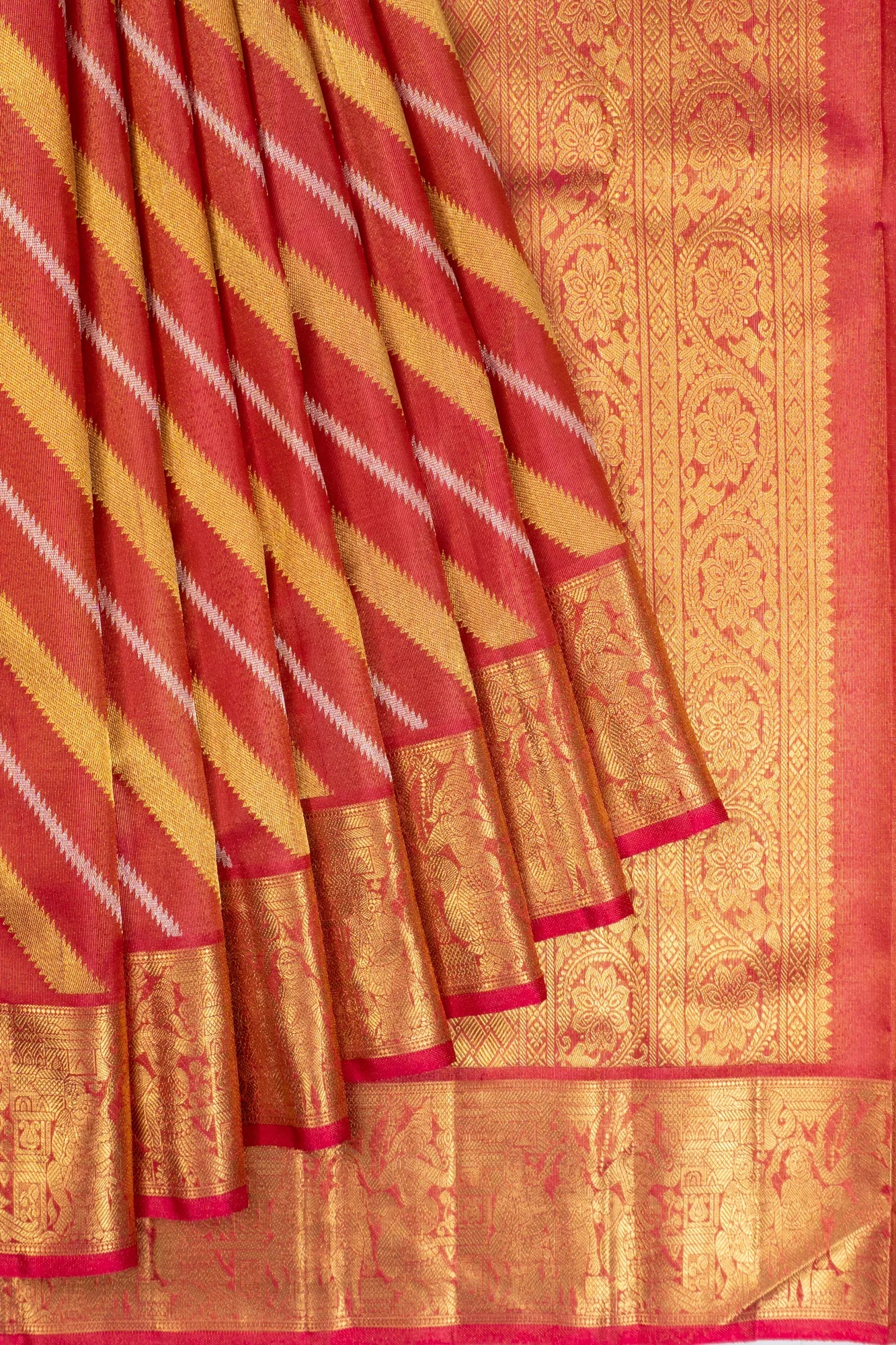 Kanchipuram Silk Tissue Leheriya Red Saree