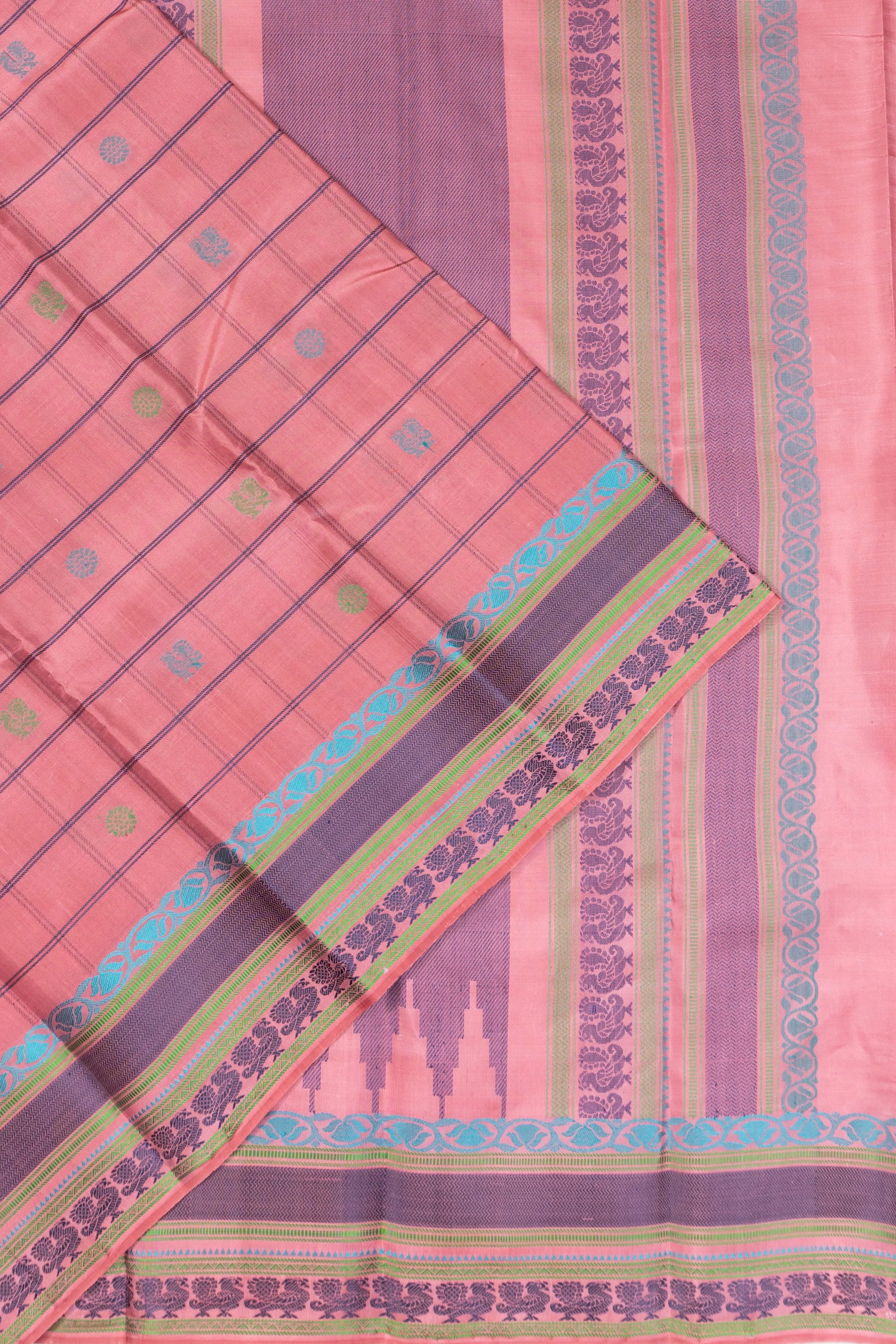 Zero Zari Classic Kanchipuram Silk Checks And Butta Baby Pink Saree