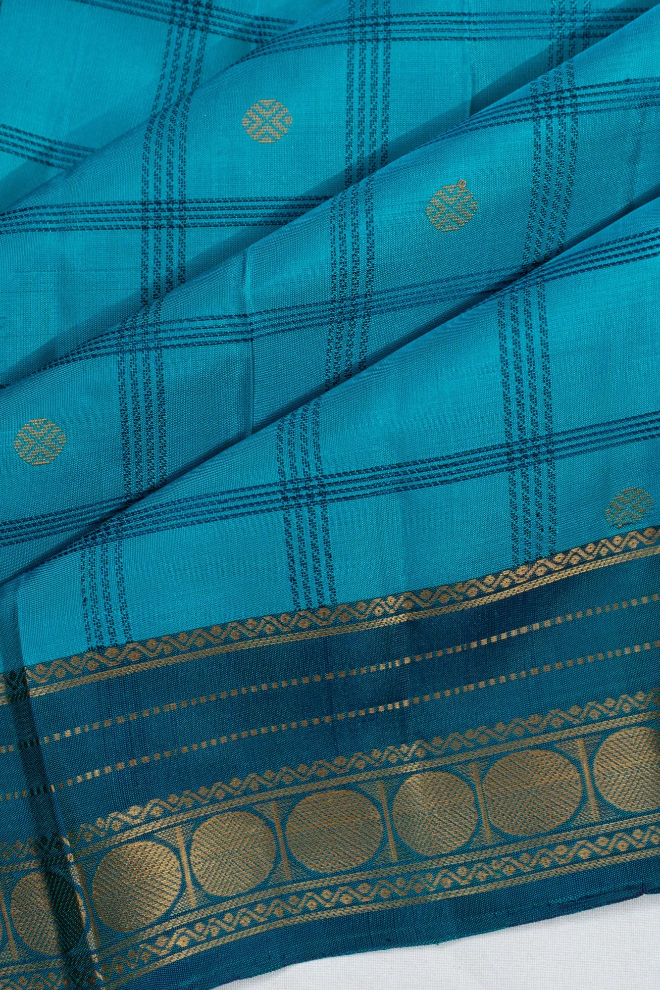 Classic Kanchipuram Silk Checks And Butta Sky Blue Saree