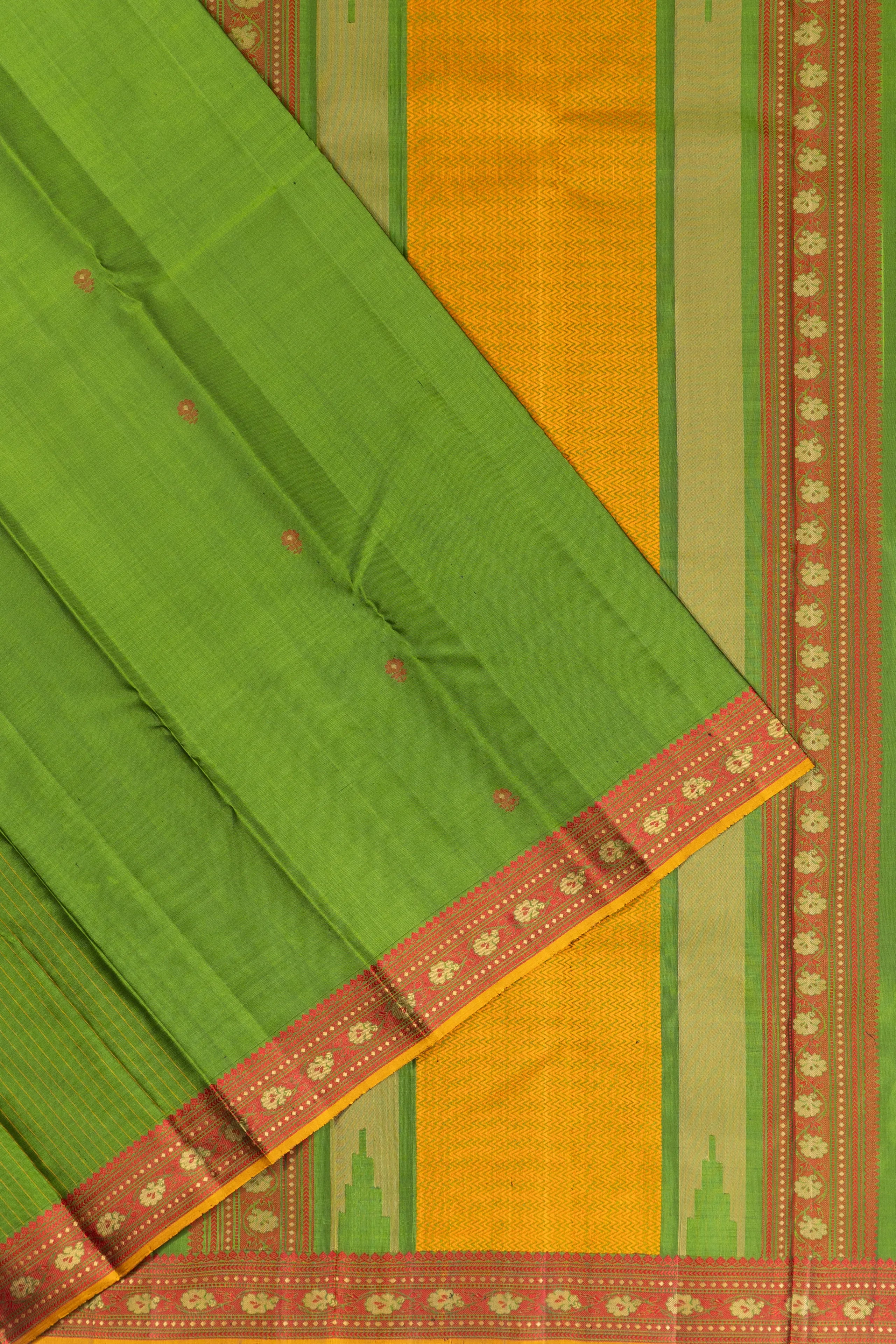 Zero Zari Classic Kanchipuram Silk Butta Parrot Green Saree