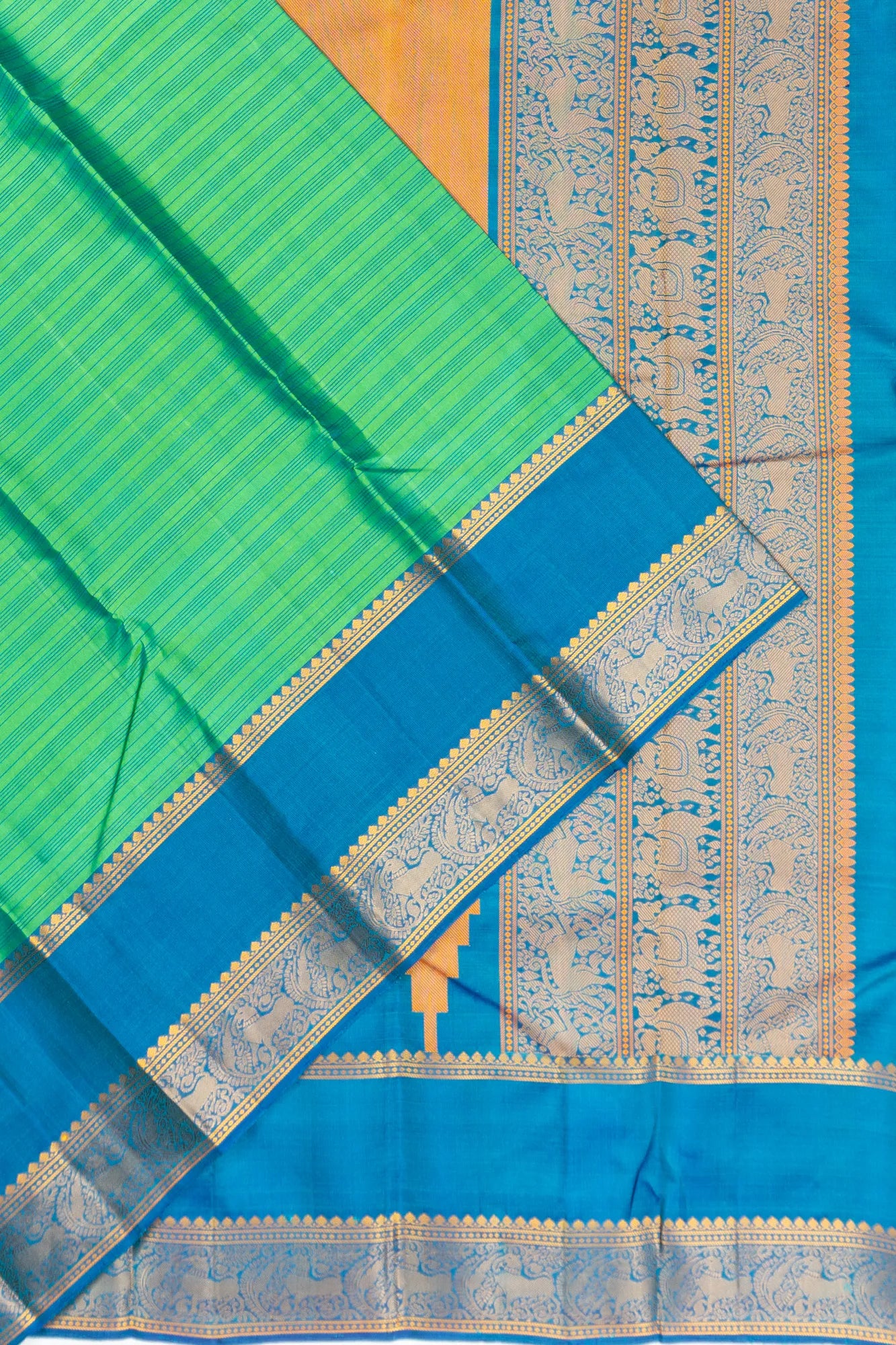 Zero Zari Kanchipuram Silk Lines Green Saree