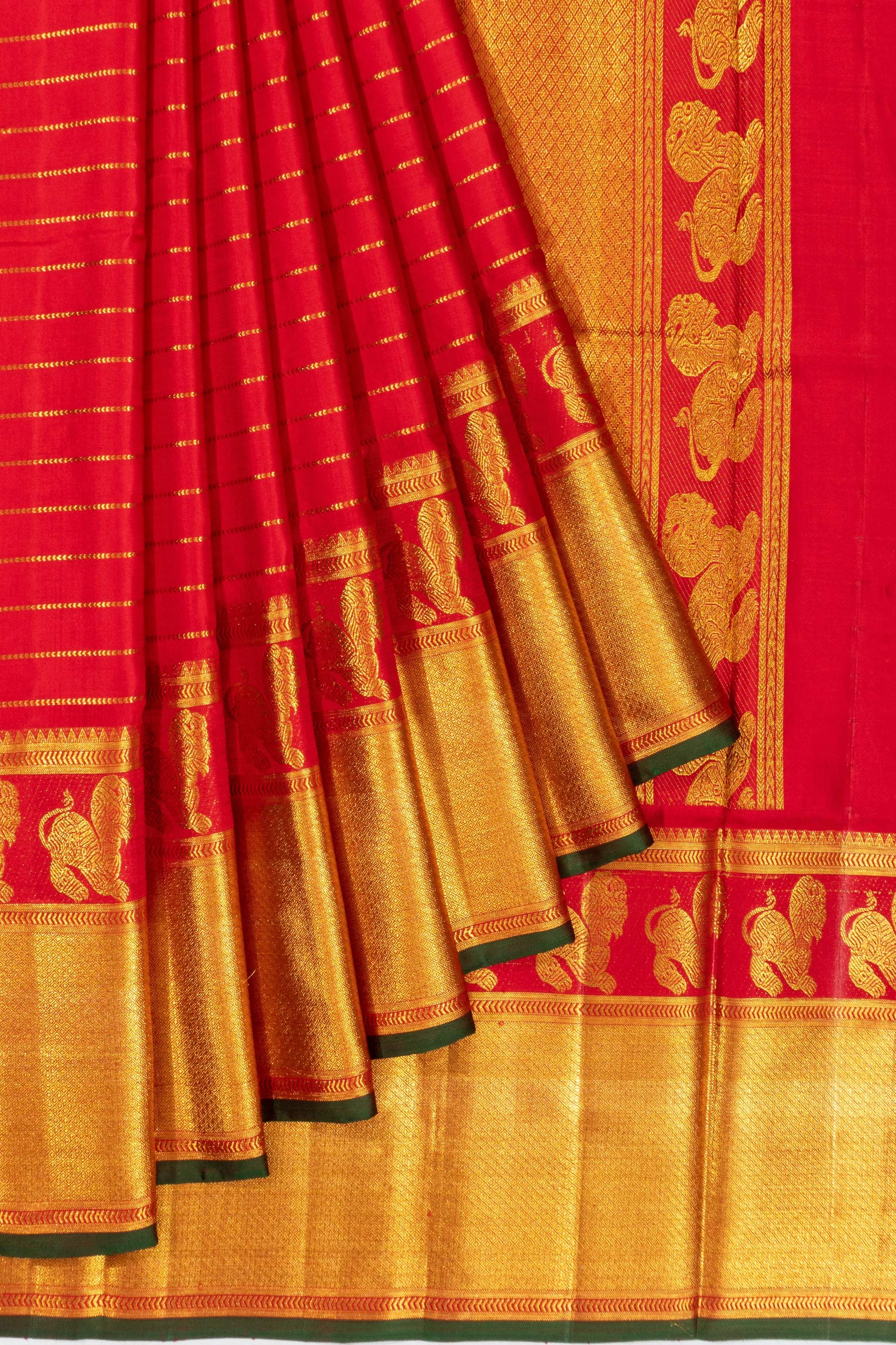 Kanchipuram Silk Twill Horizontal Lines Red Saree