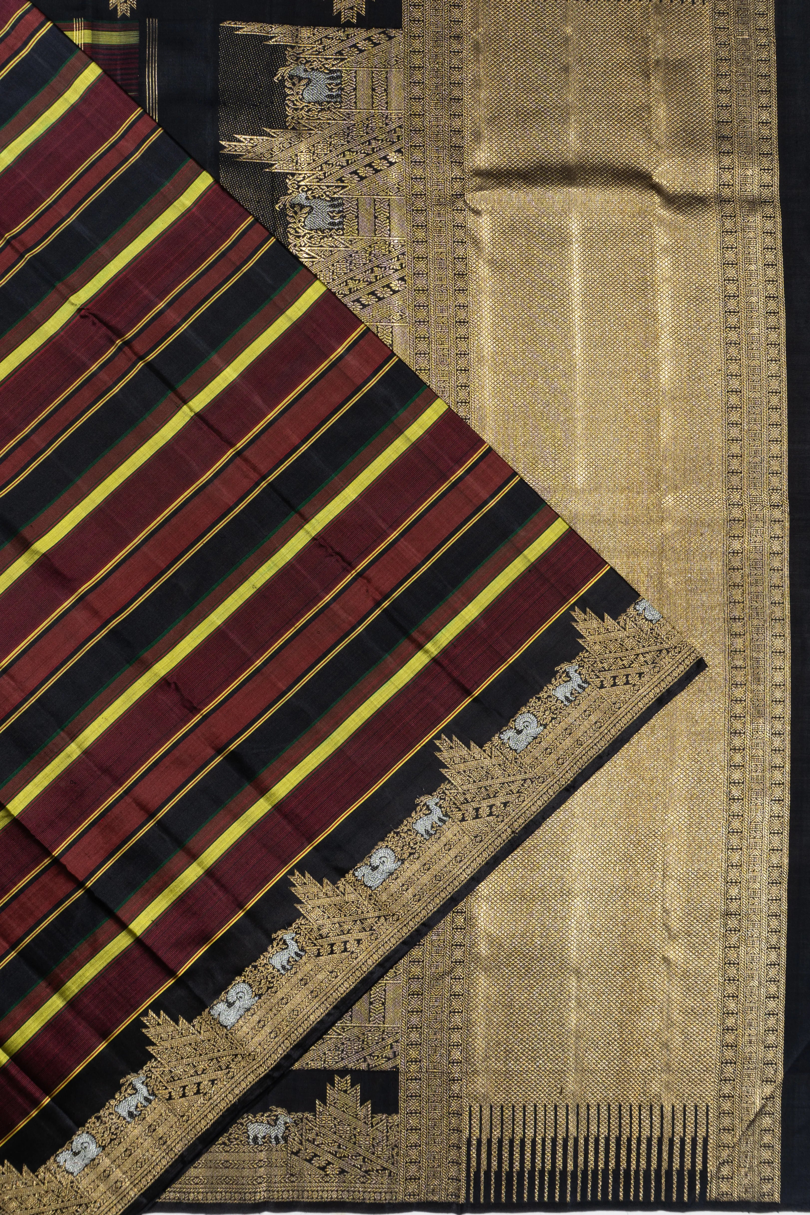 Kanchipuram Silk Lines Multicolour Black Saree