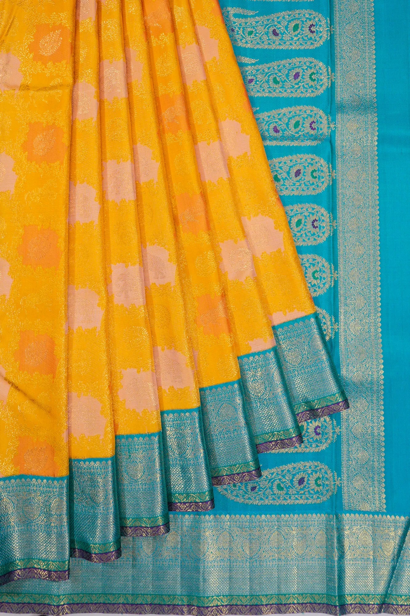 Kanchipuram Silk Jaal And Butta Yellow Saree