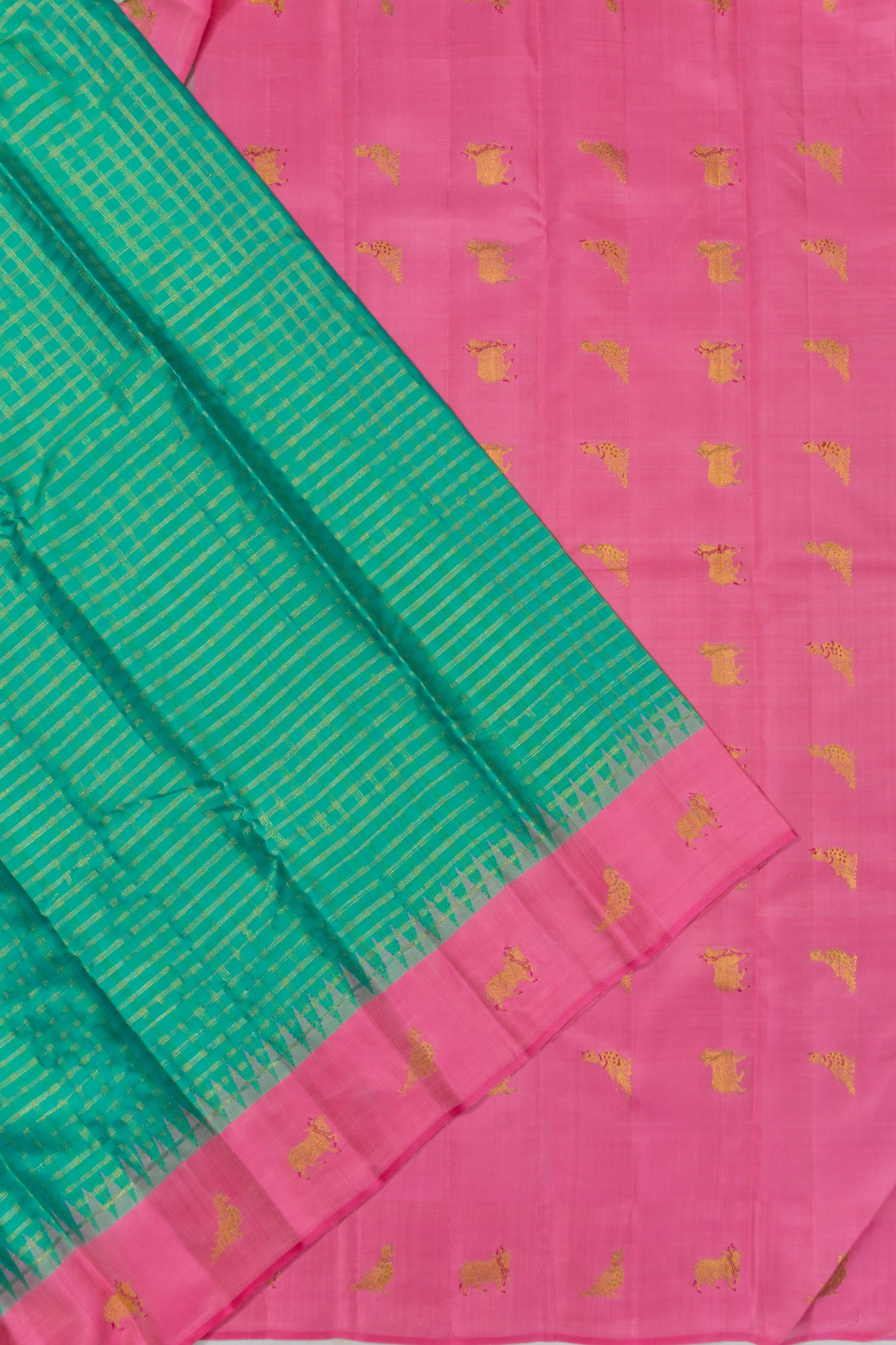 Kanchipuram Silk Checks Sea Green Saree
