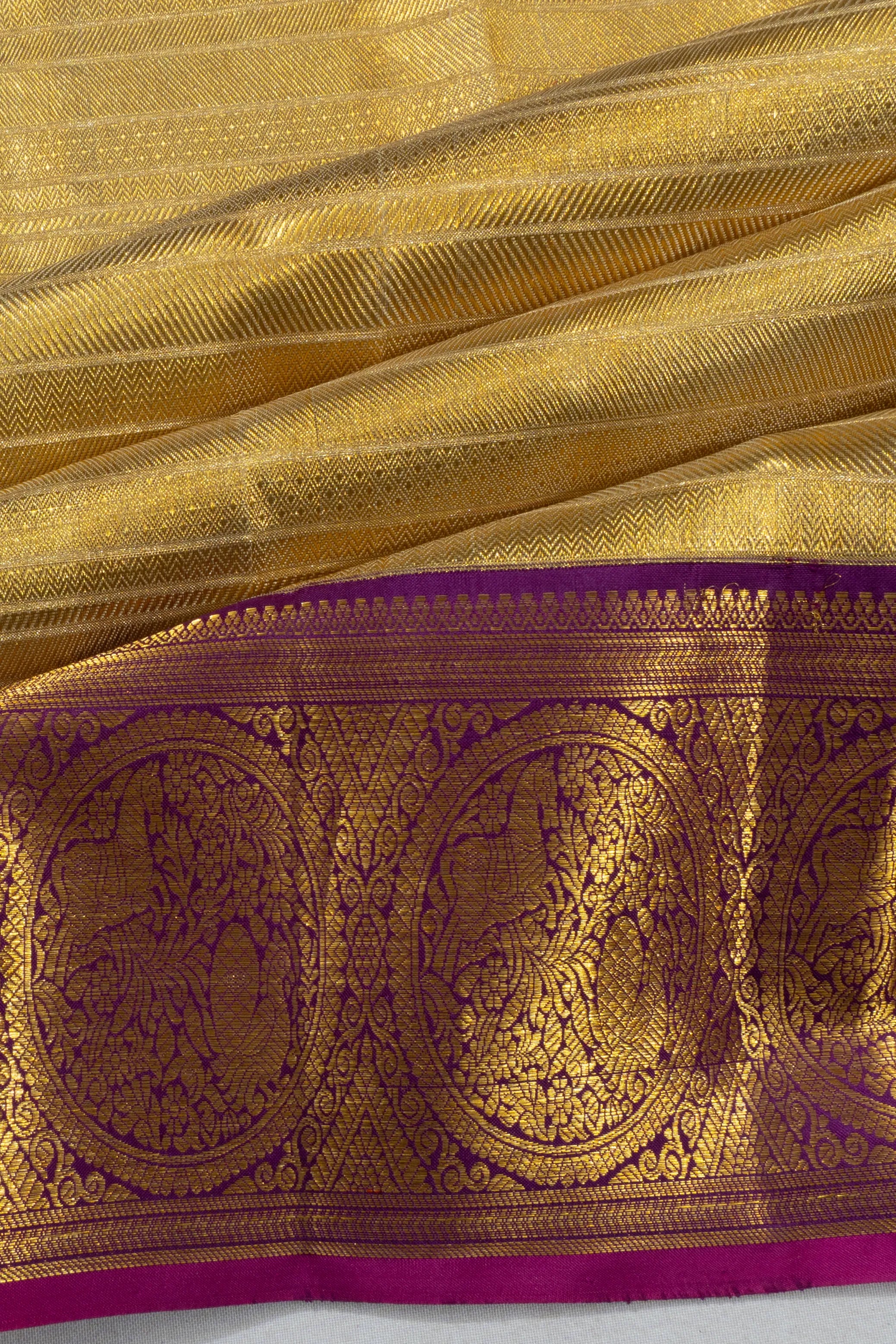 Kanchipuram Silk Tissue Horizontal Lines Gold Saree