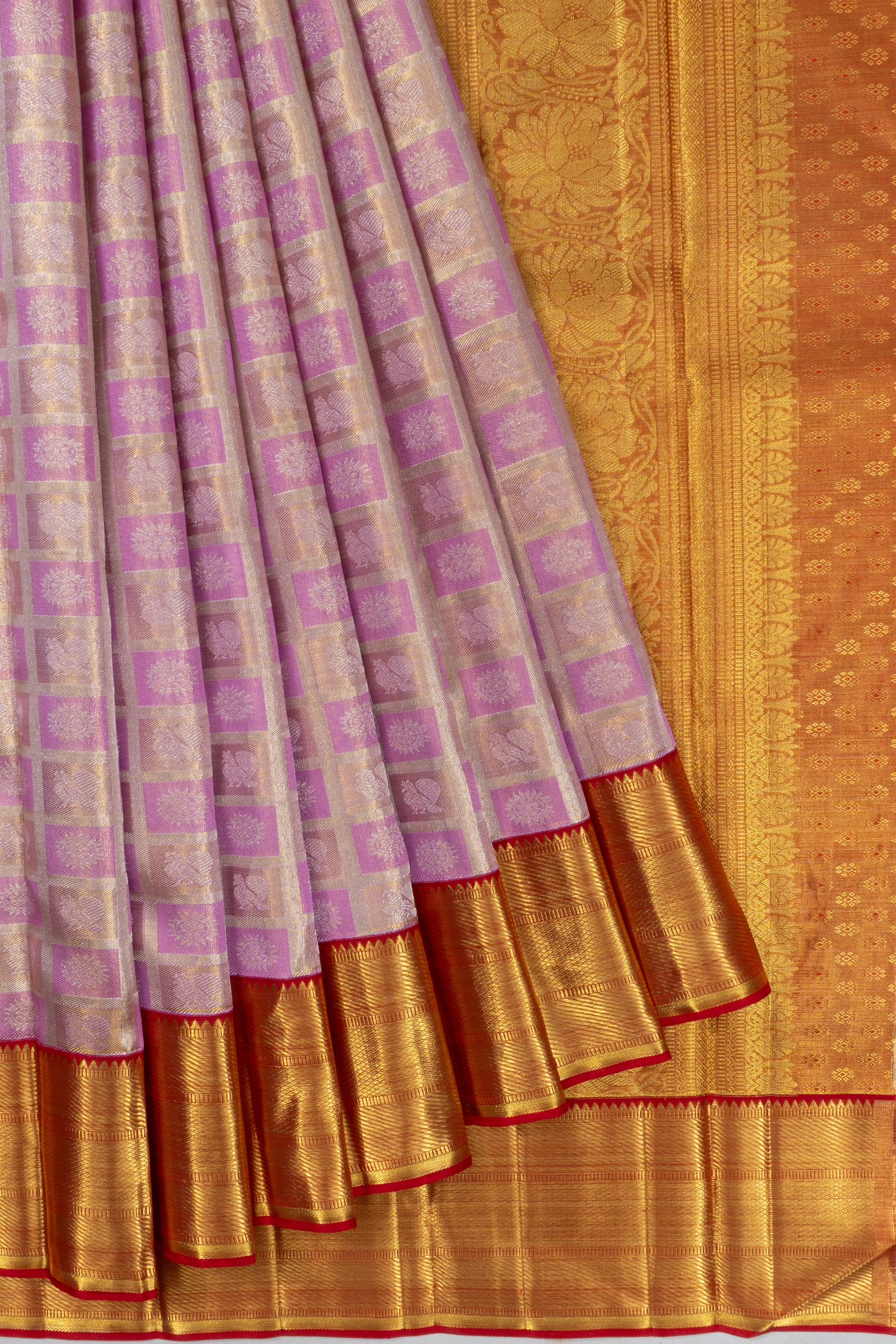 Kanchipuram Silk Tissue Checks And Butta Lavender Saree
