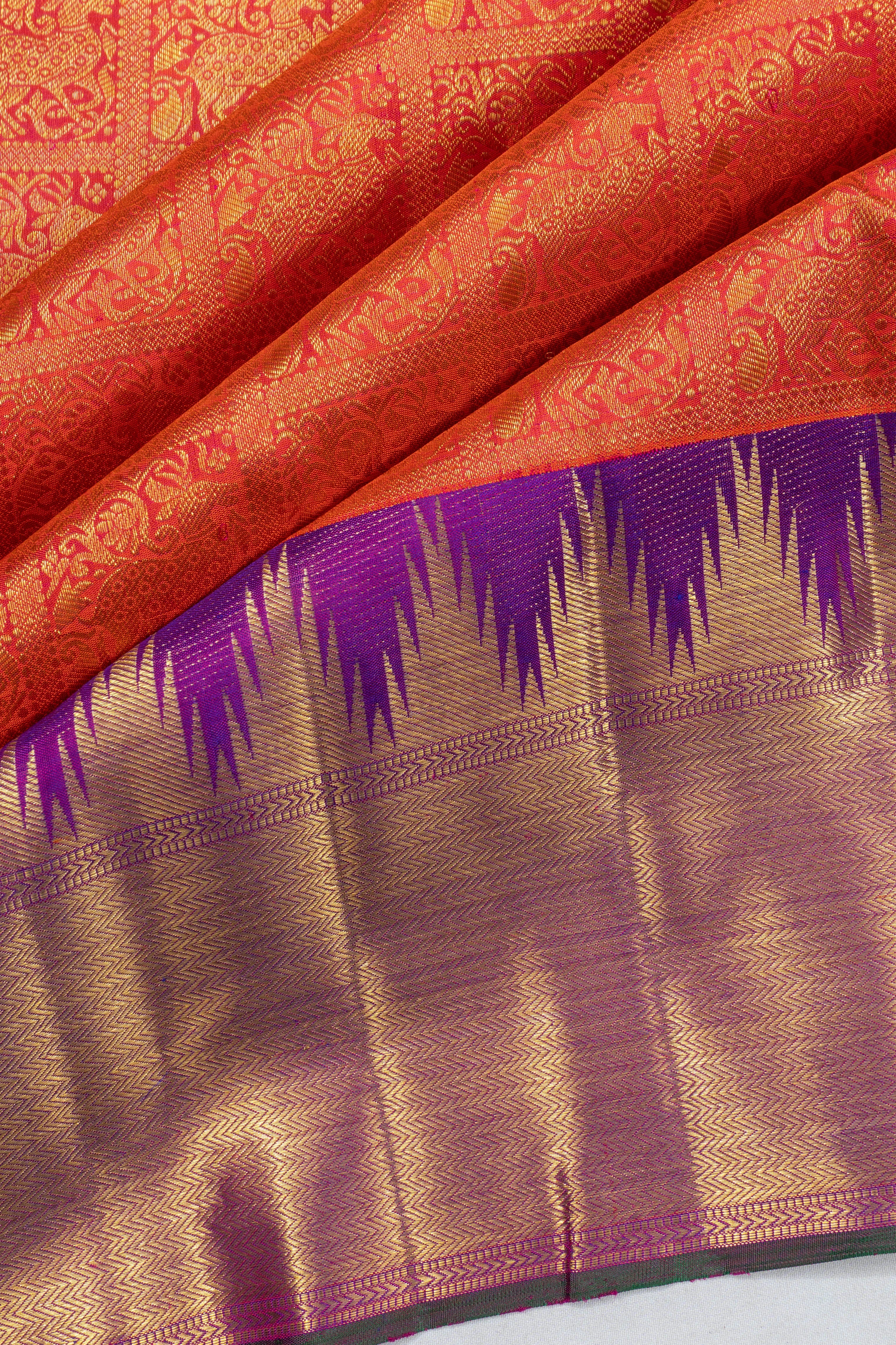 Kanchipuram Silk Checks And Butta Orange Saree