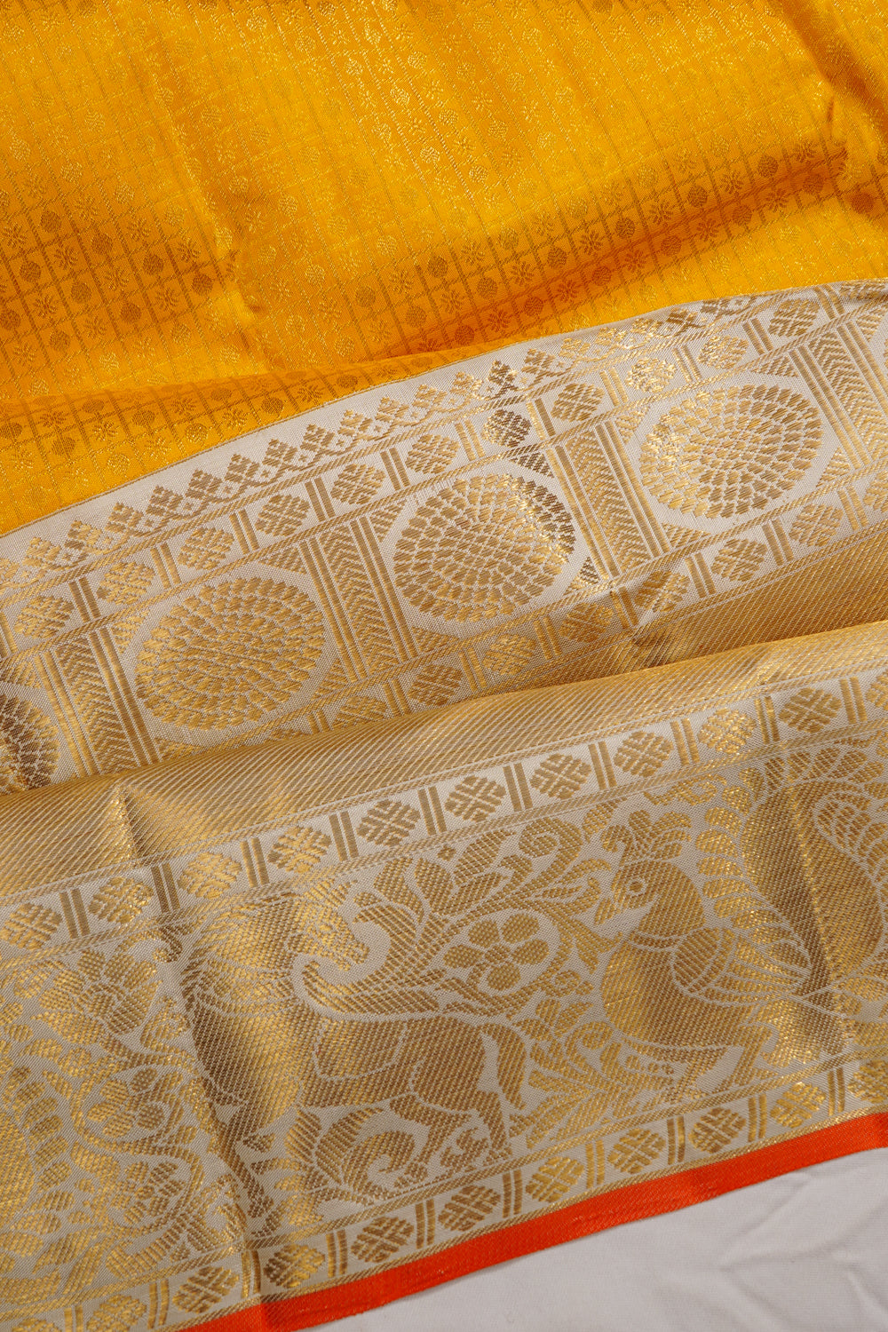 Kanchipuram Silk Checks And Butta Yellow Saree