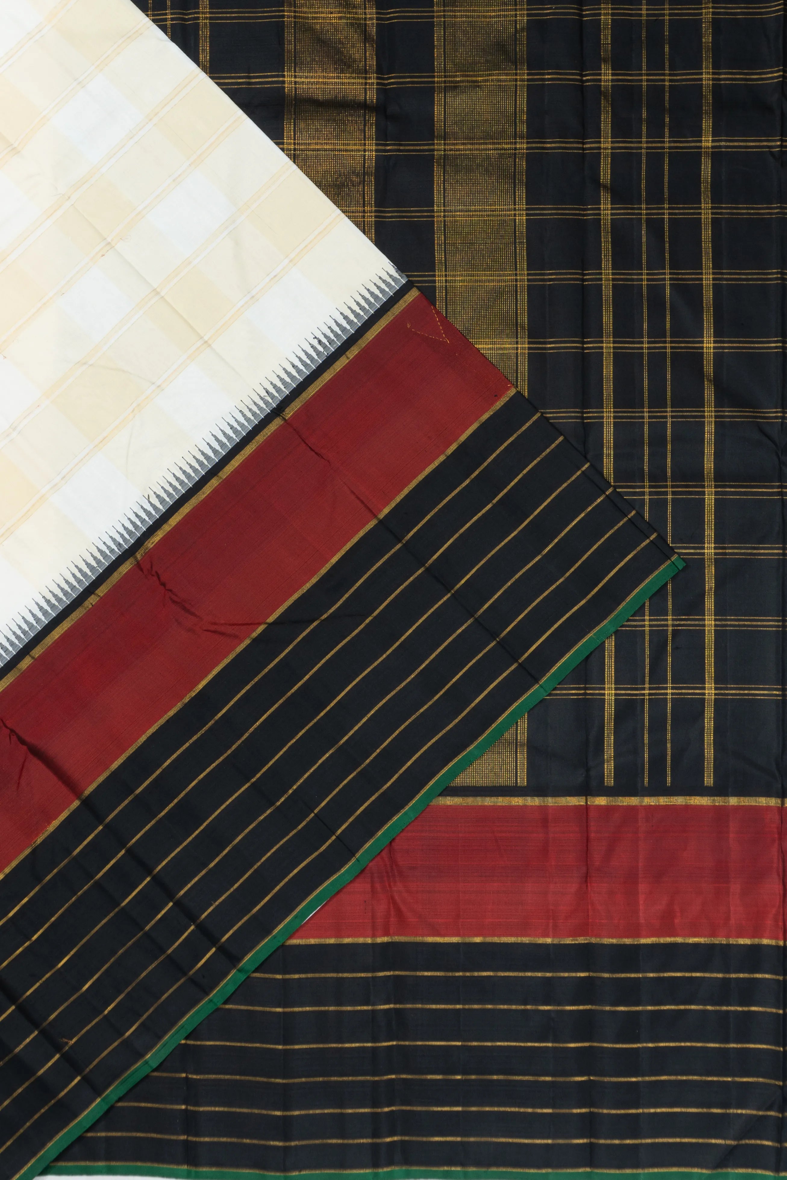 Classic Kanchipuram Silk Horizontal Lines White Saree