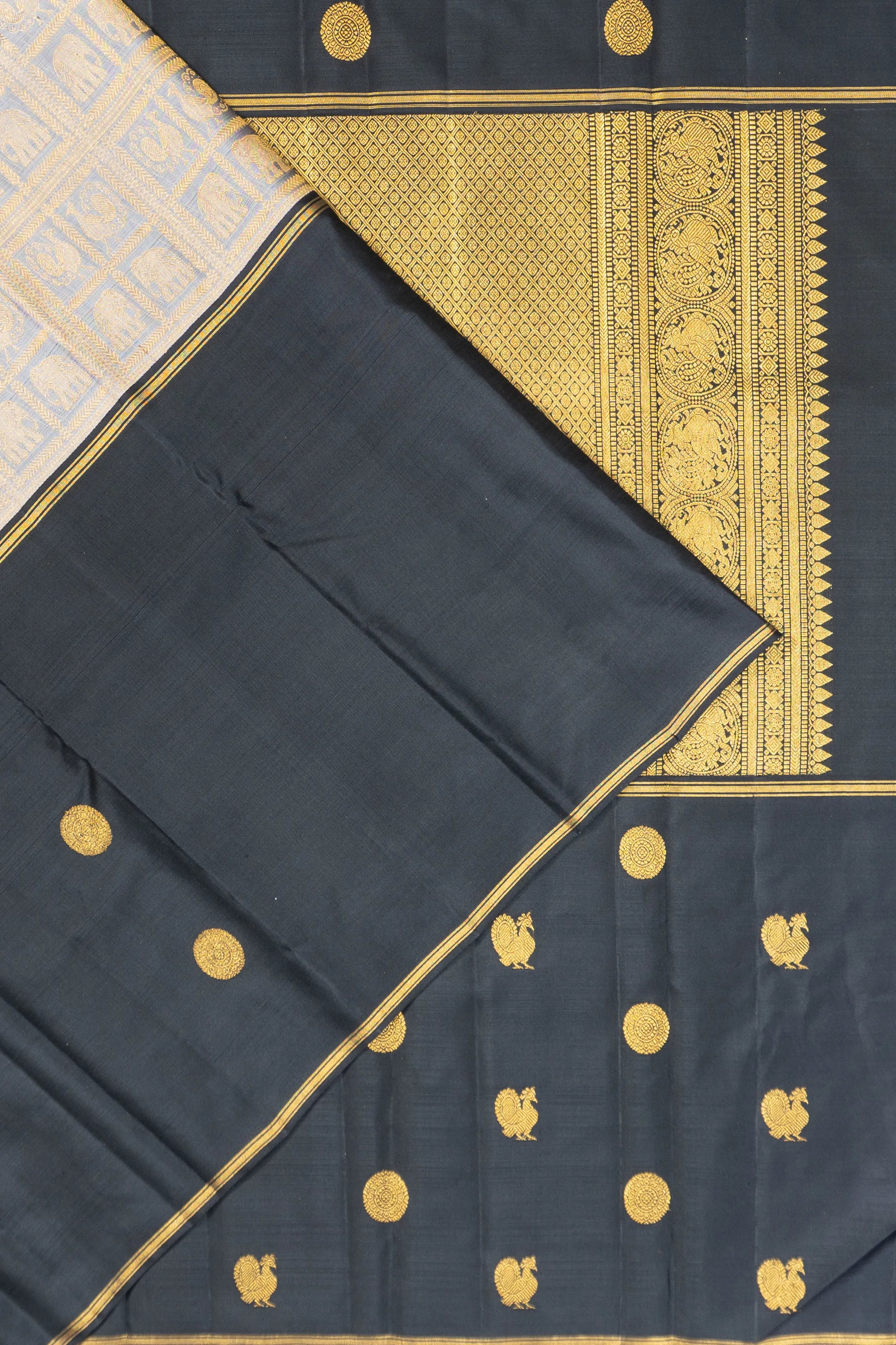 Classic Kanchipuram Silk Checks And Butta Grey Saree With Big Border