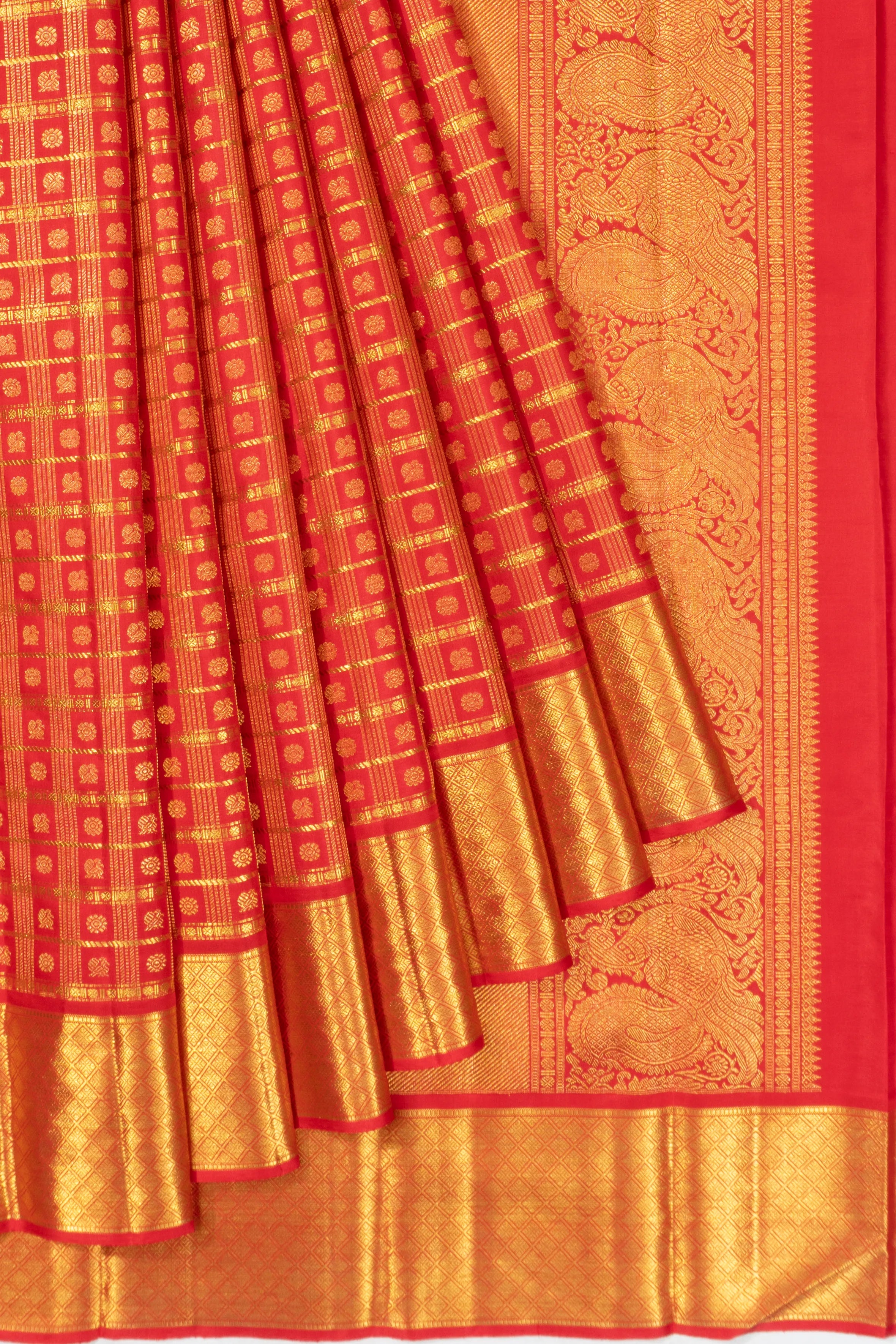 Kanchipuram Silk Checks And Butta Red Saree