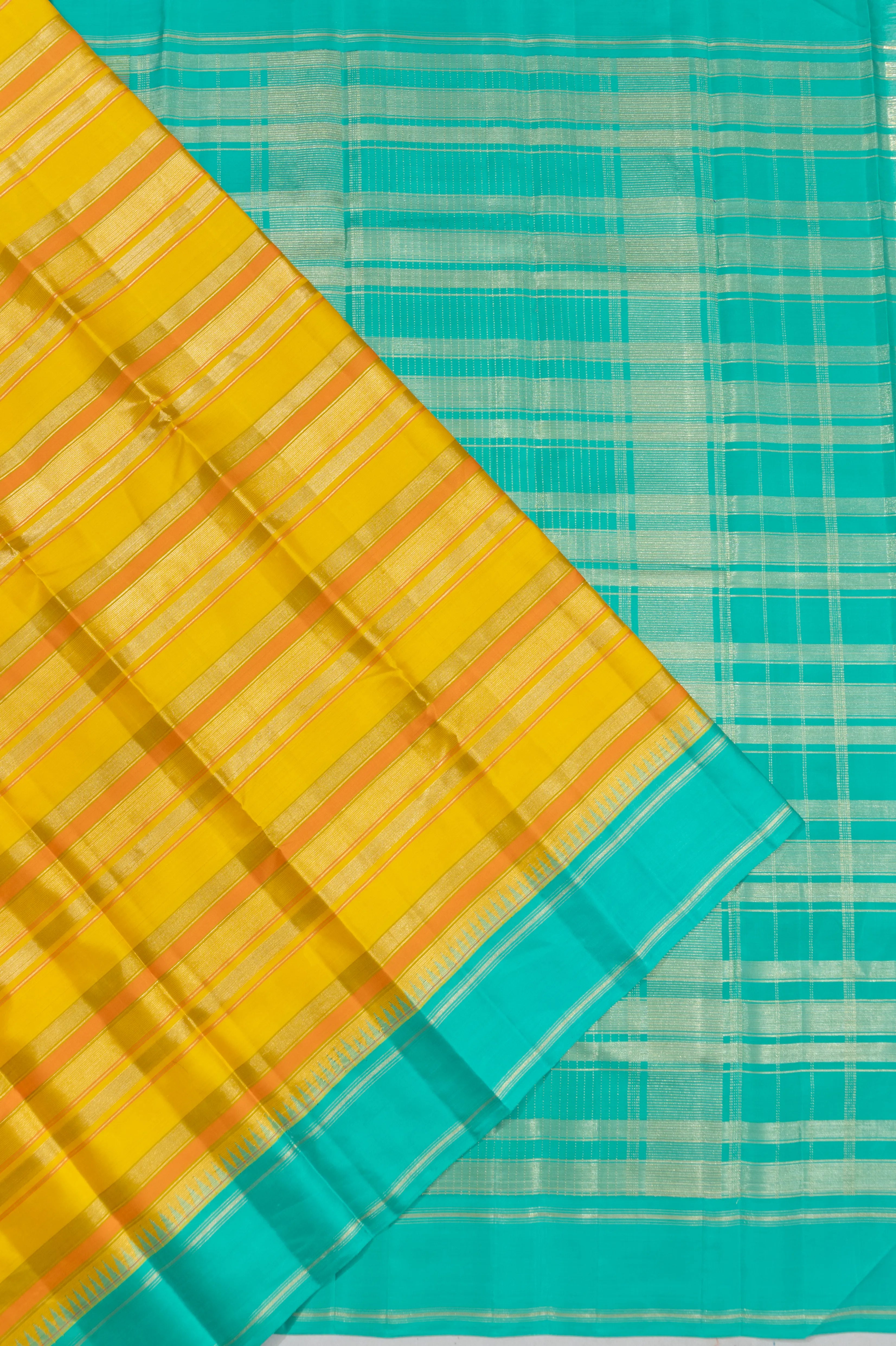 Kanchipuram Silk Horizontal Lines Yellow Saree