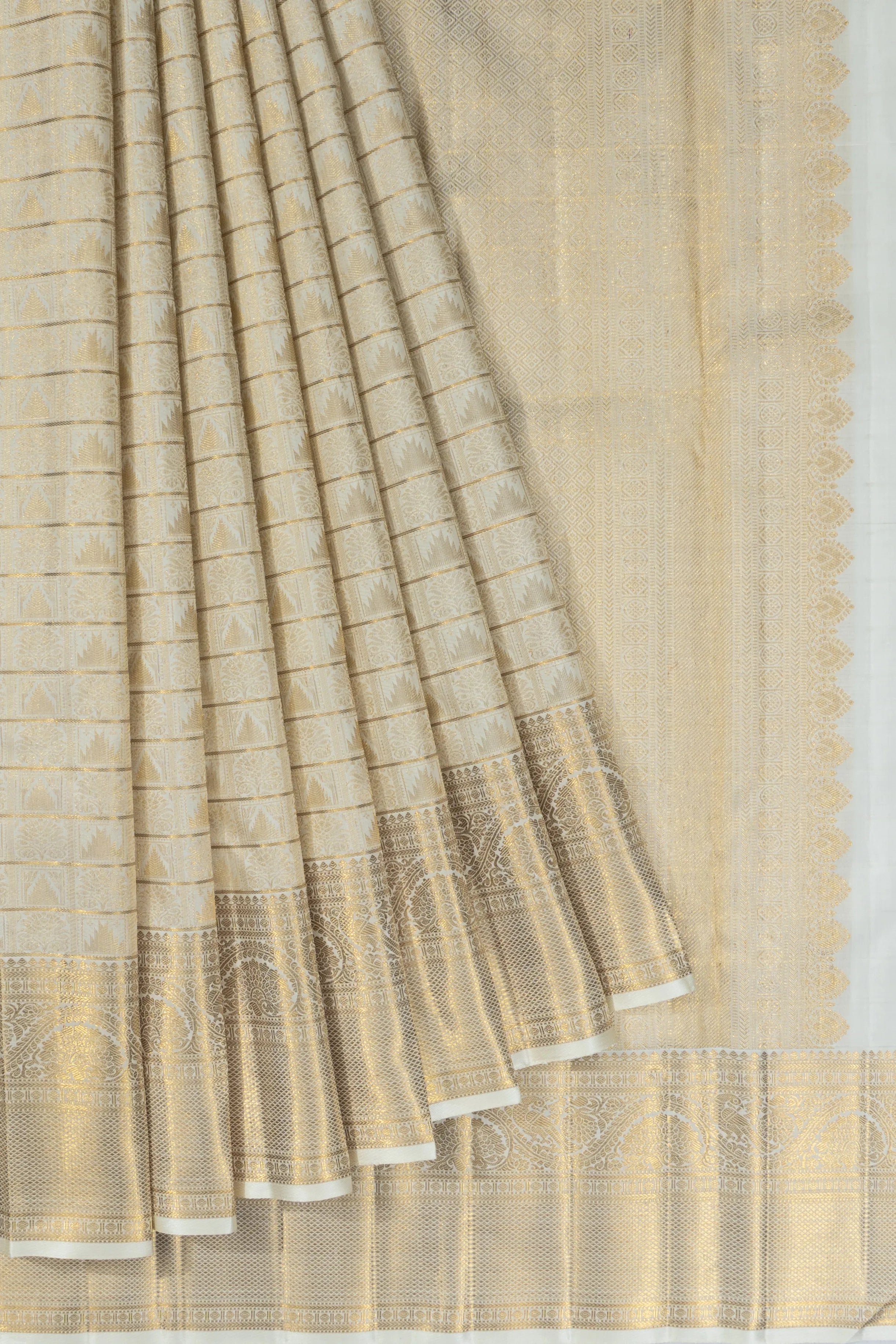 Kanchipuram Silk Tissue Checks And Butta Off White Saree