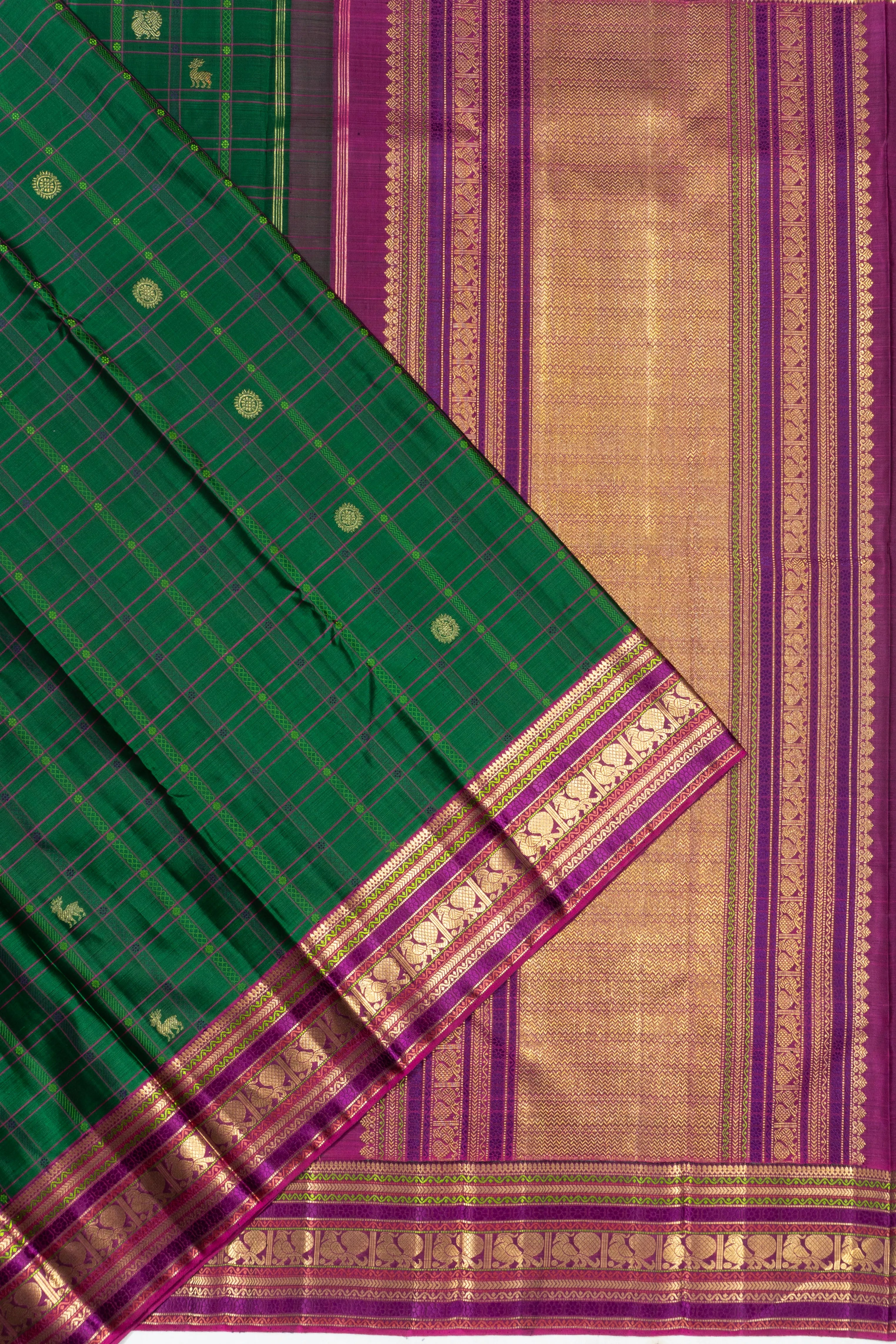 Kanchipuram Silk Checks And Butta Dark Green Saree
