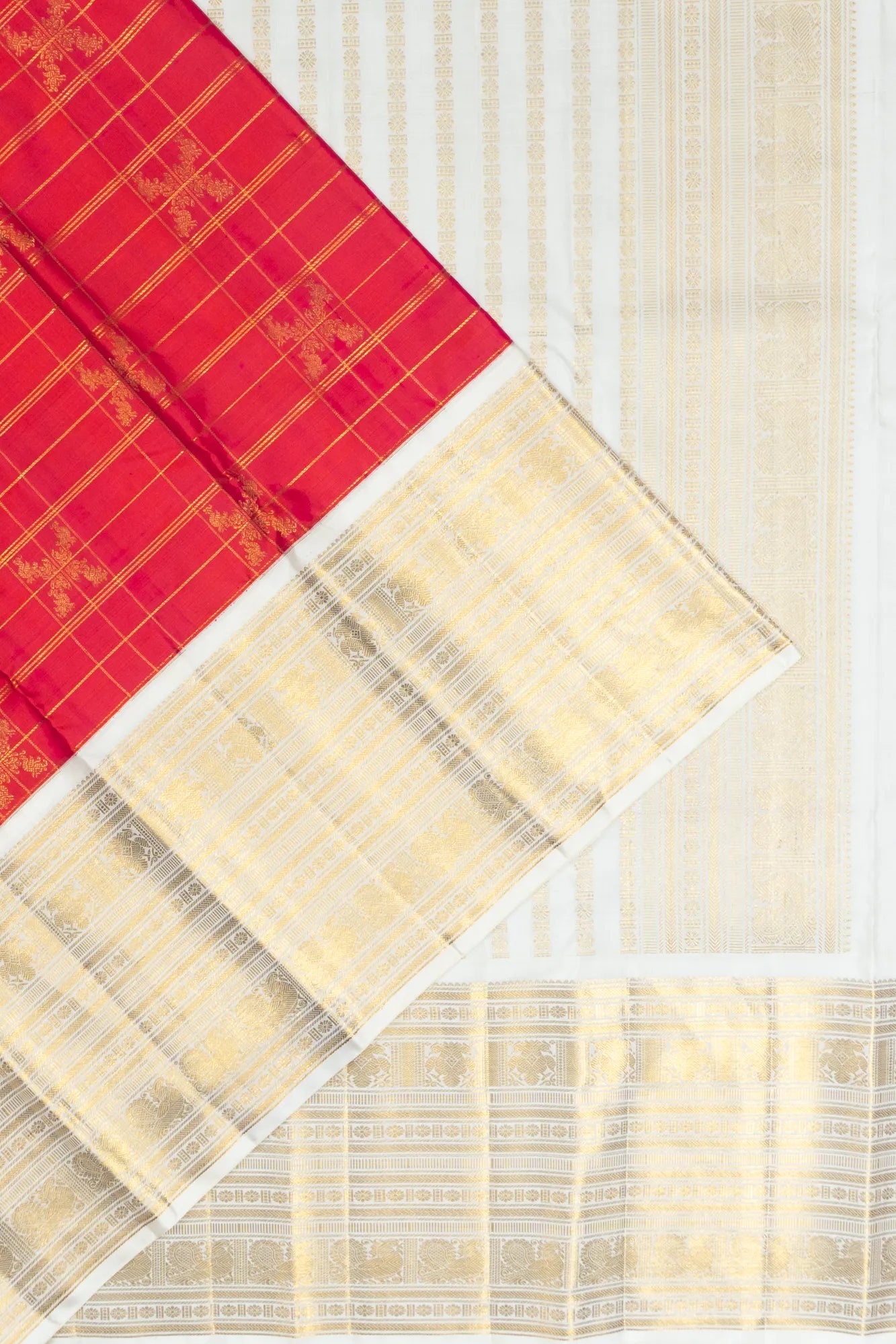 Kanchipuram Silk Checks And Butta Red Saree