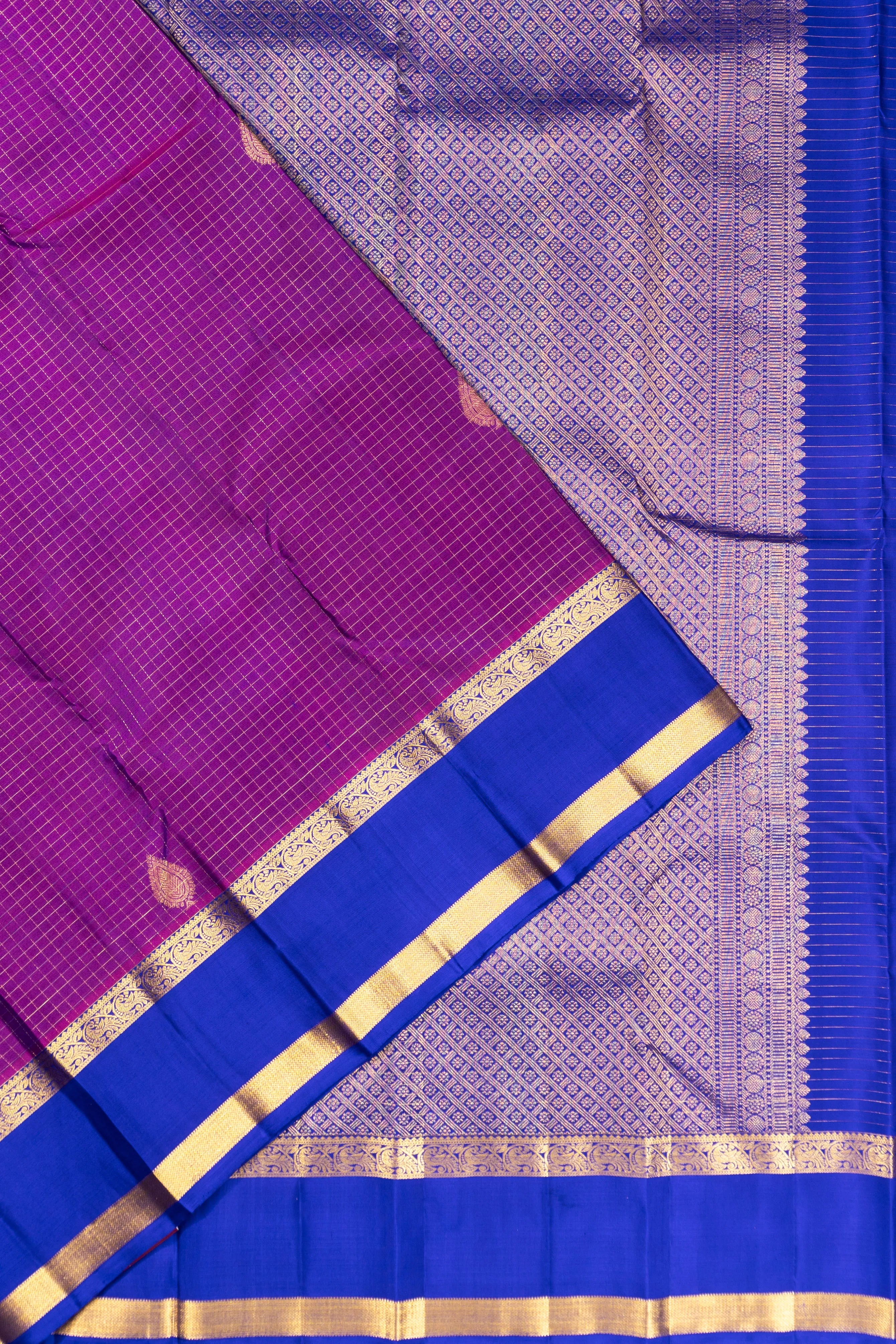 Kanchipuram Silk Checks And Butta Purple Saree