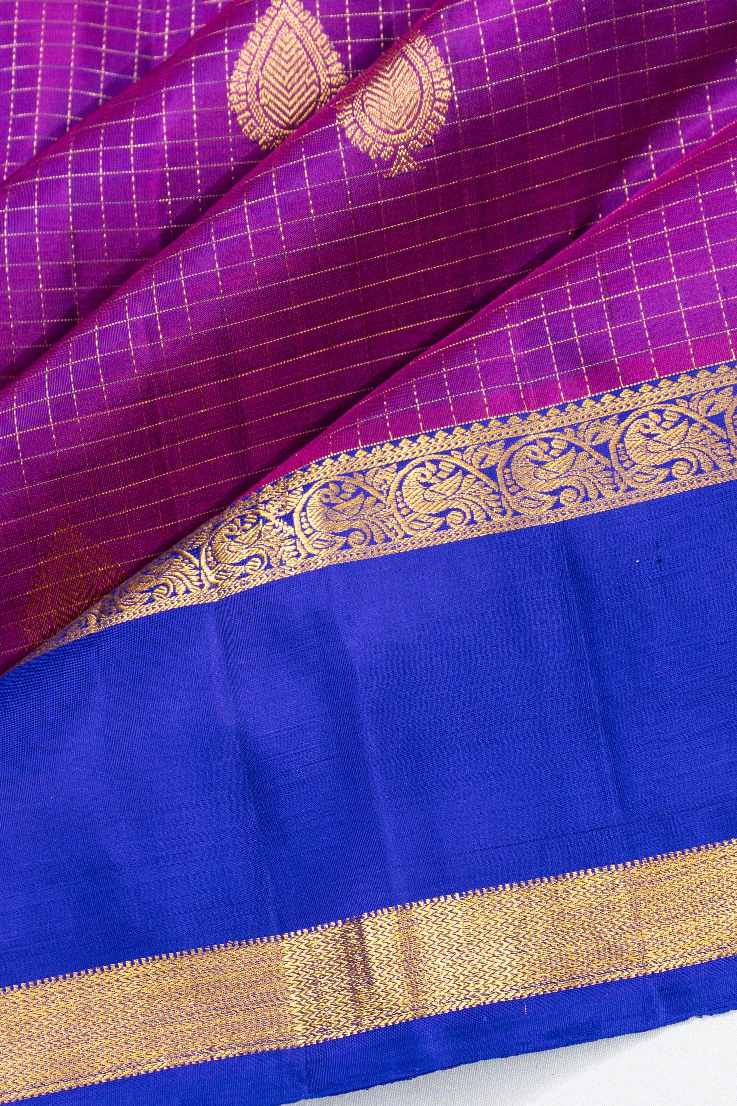 Kanchipuram Silk Checks And Butta Purple Saree