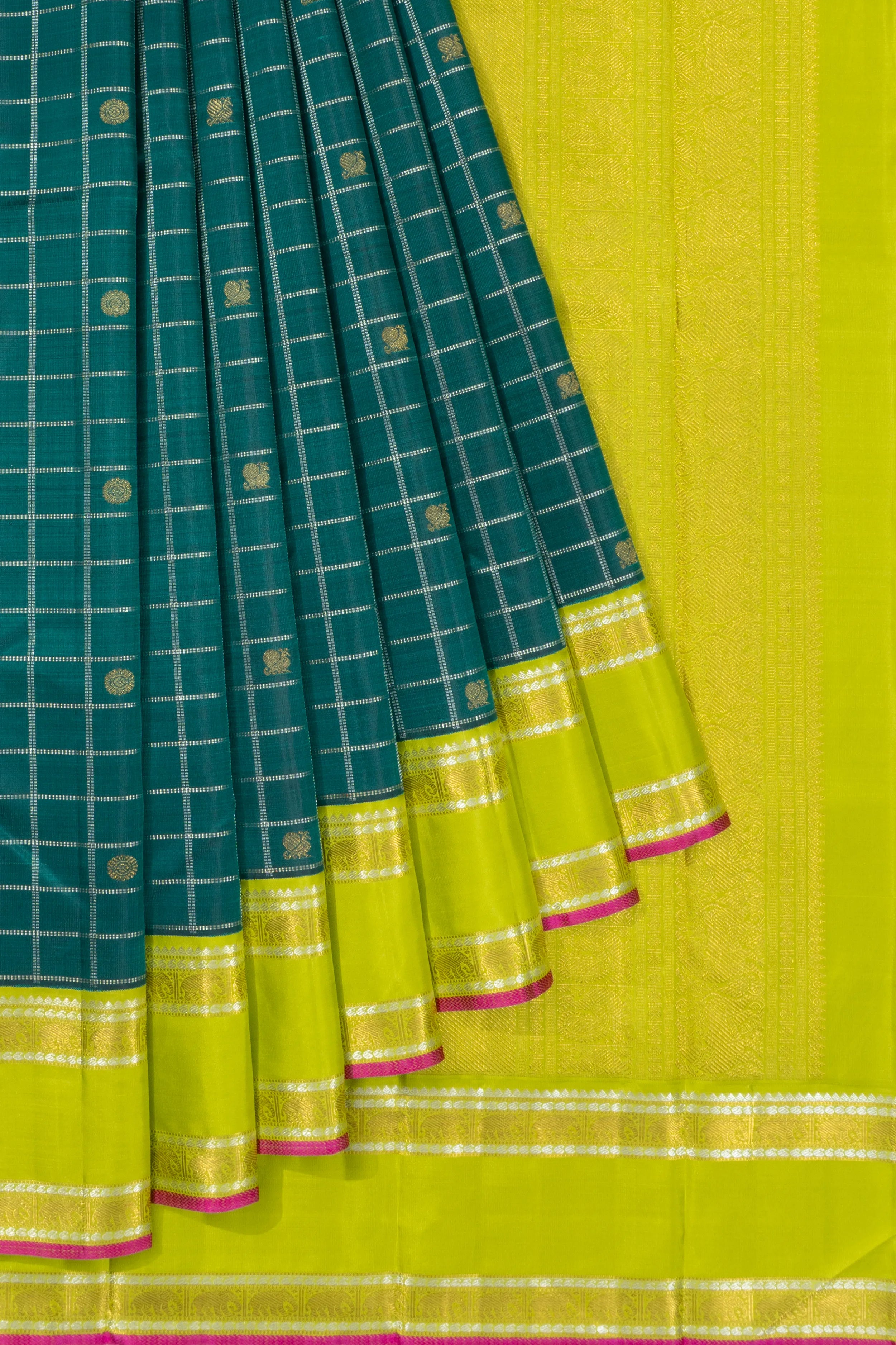 Classic Kanchipuram Silk Checks And Butta Teal Green Saree
