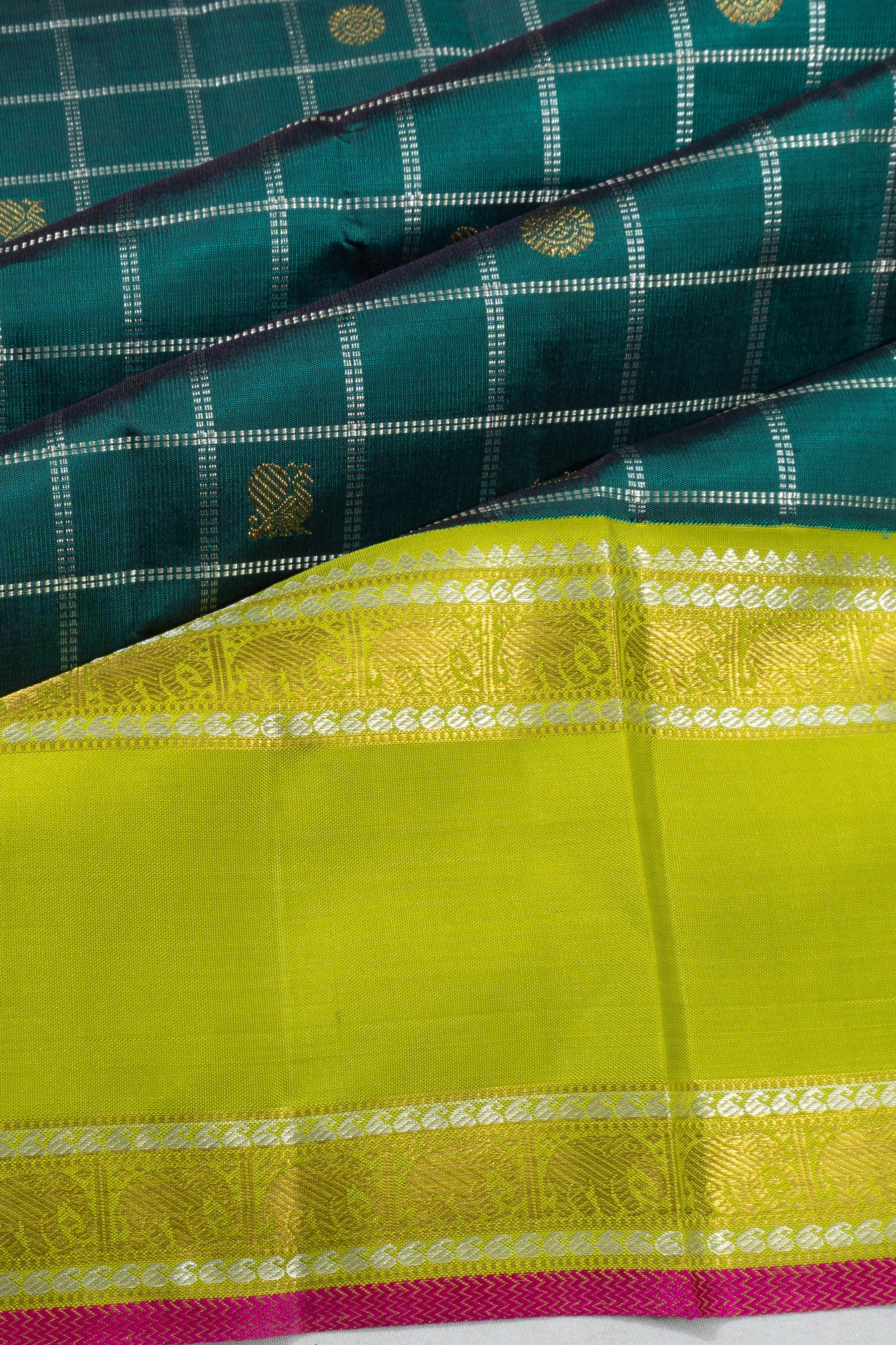 Classic Kanchipuram Silk Checks And Butta Teal Green Saree
