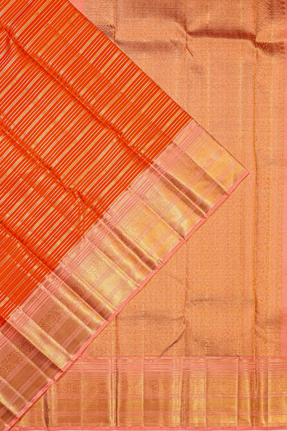 Kanchipuram Silk Horizontal Lines Orange Saree