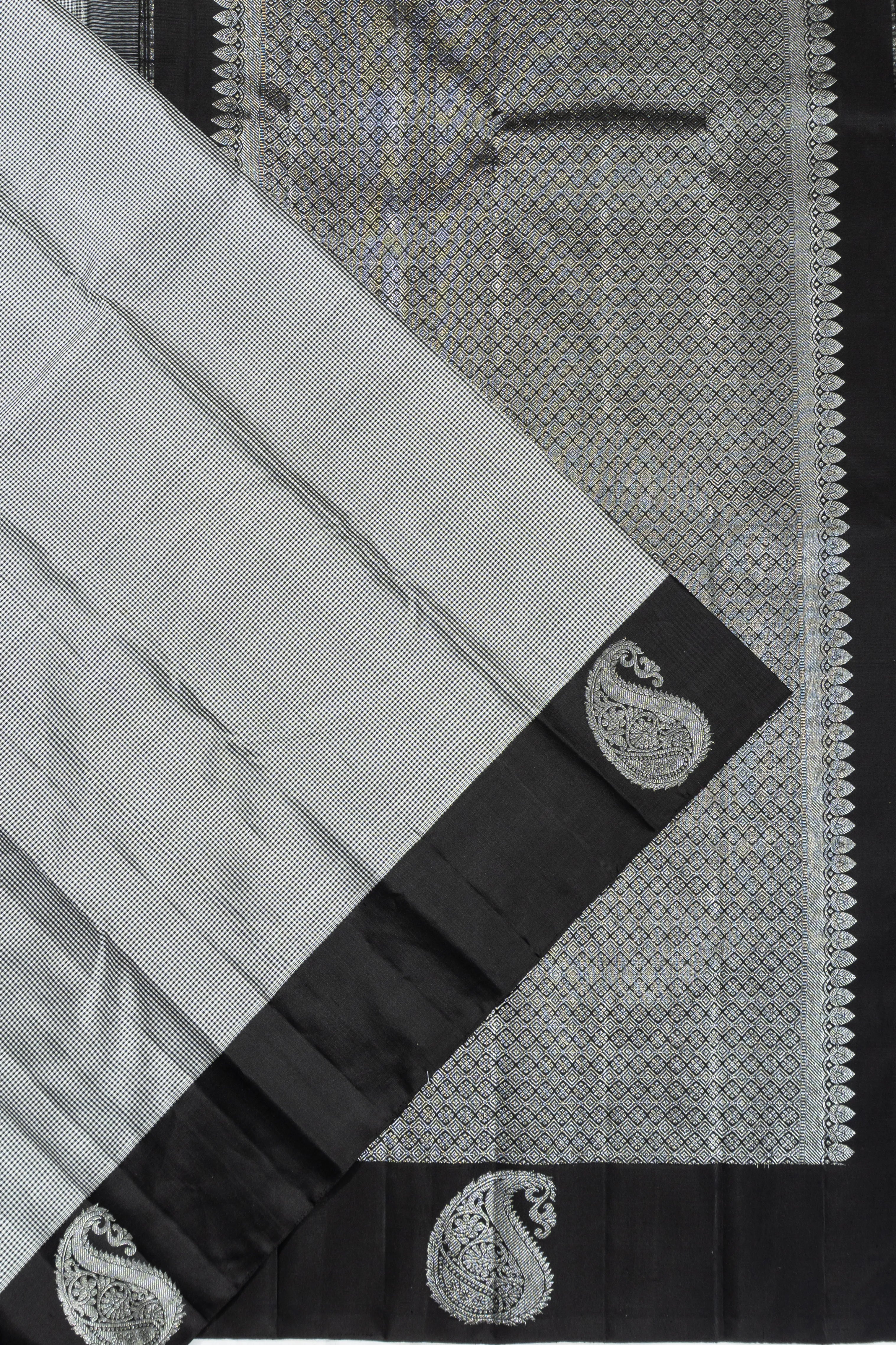 Classic Kanchipuram Silk Checks White And Black Saree