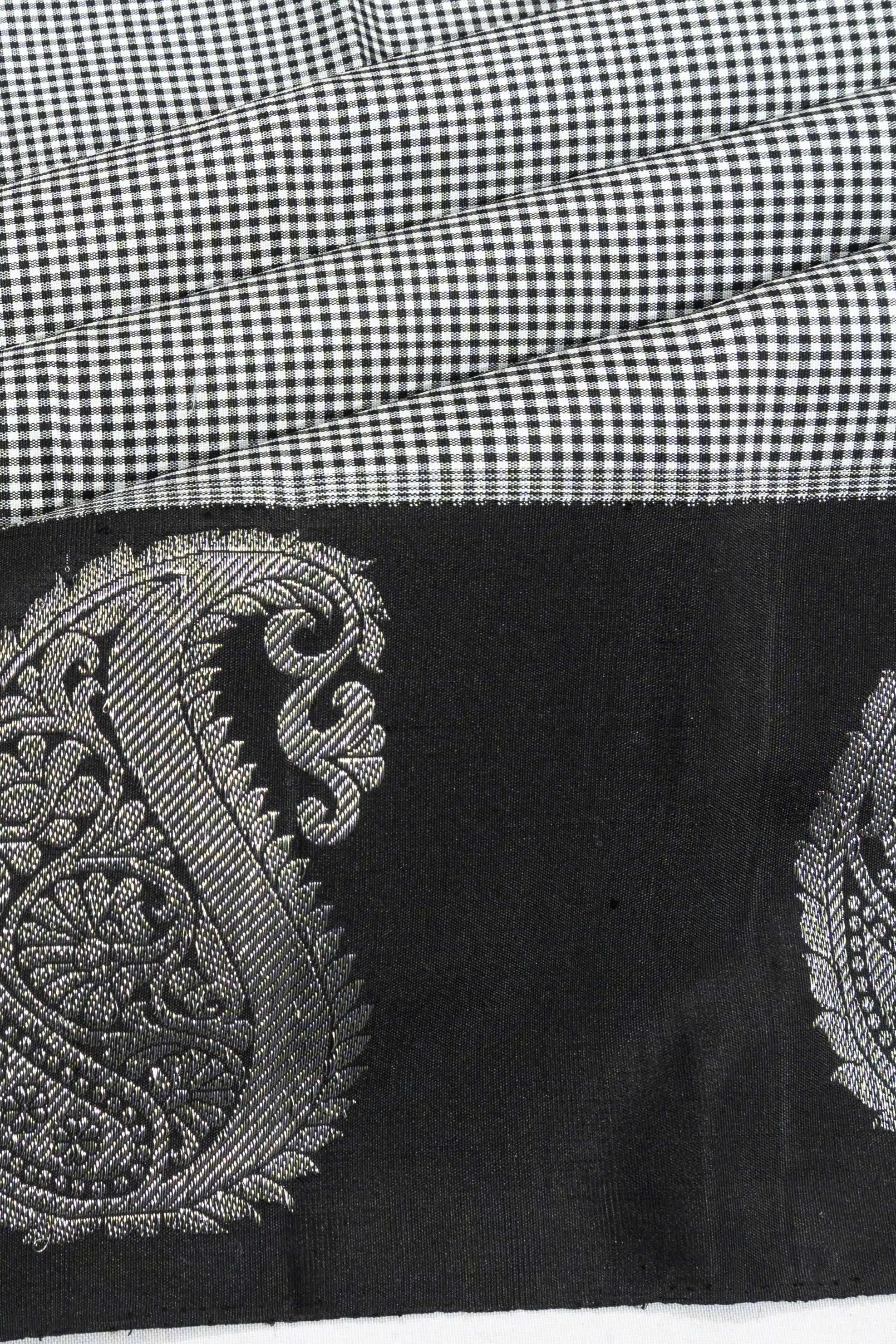 Classic Kanchipuram Silk Checks White And Black Saree