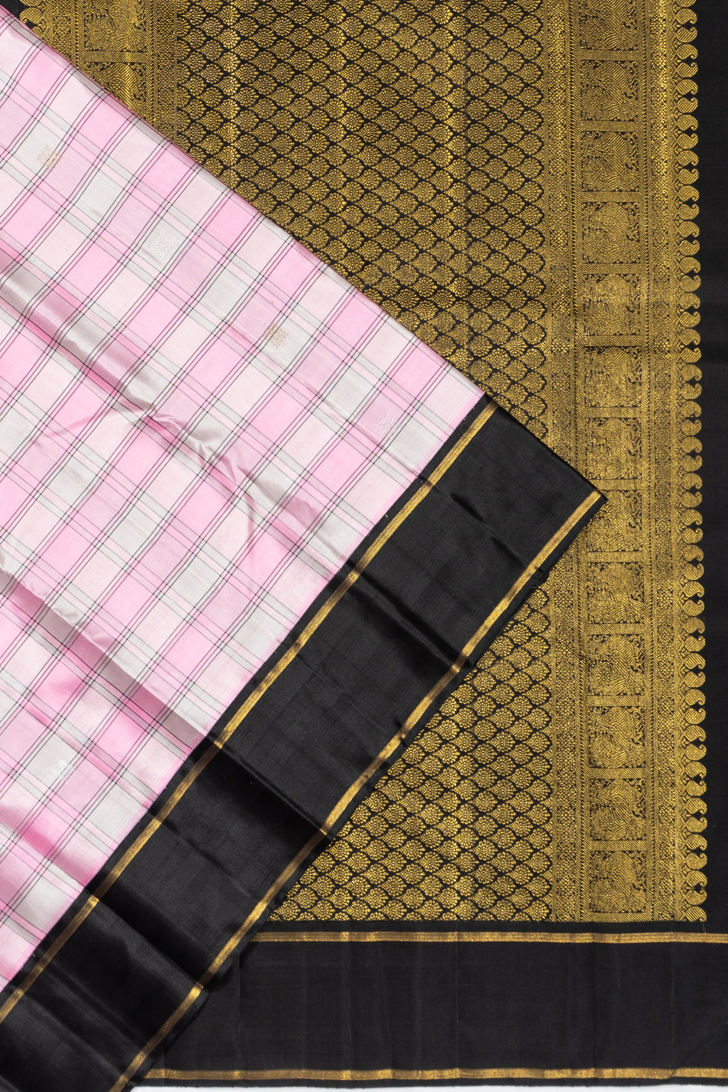 Kanchipuram Silk Checks And Butta Baby Pink Saree