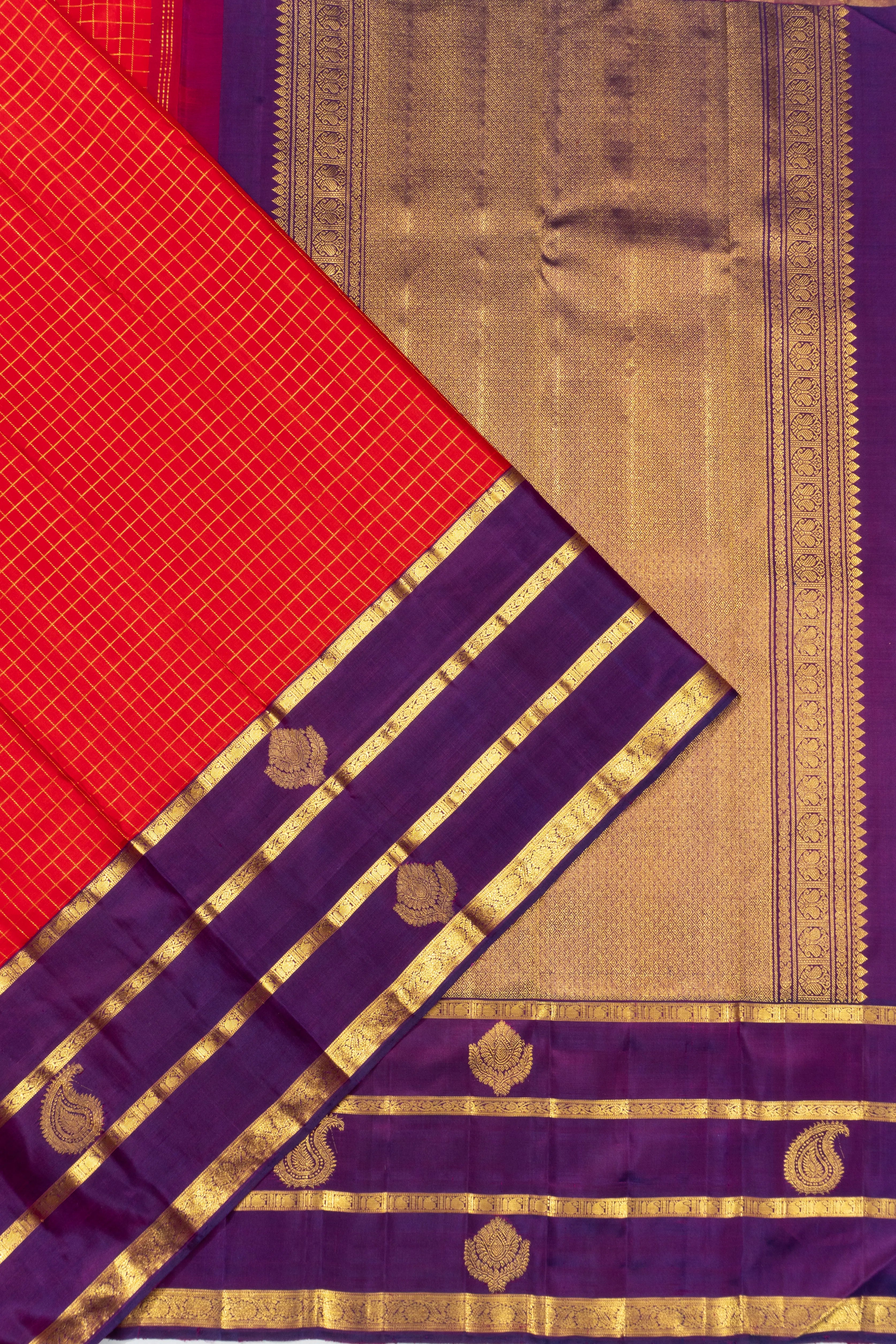 Classic Kanchipuram Silk Checks Red Saree