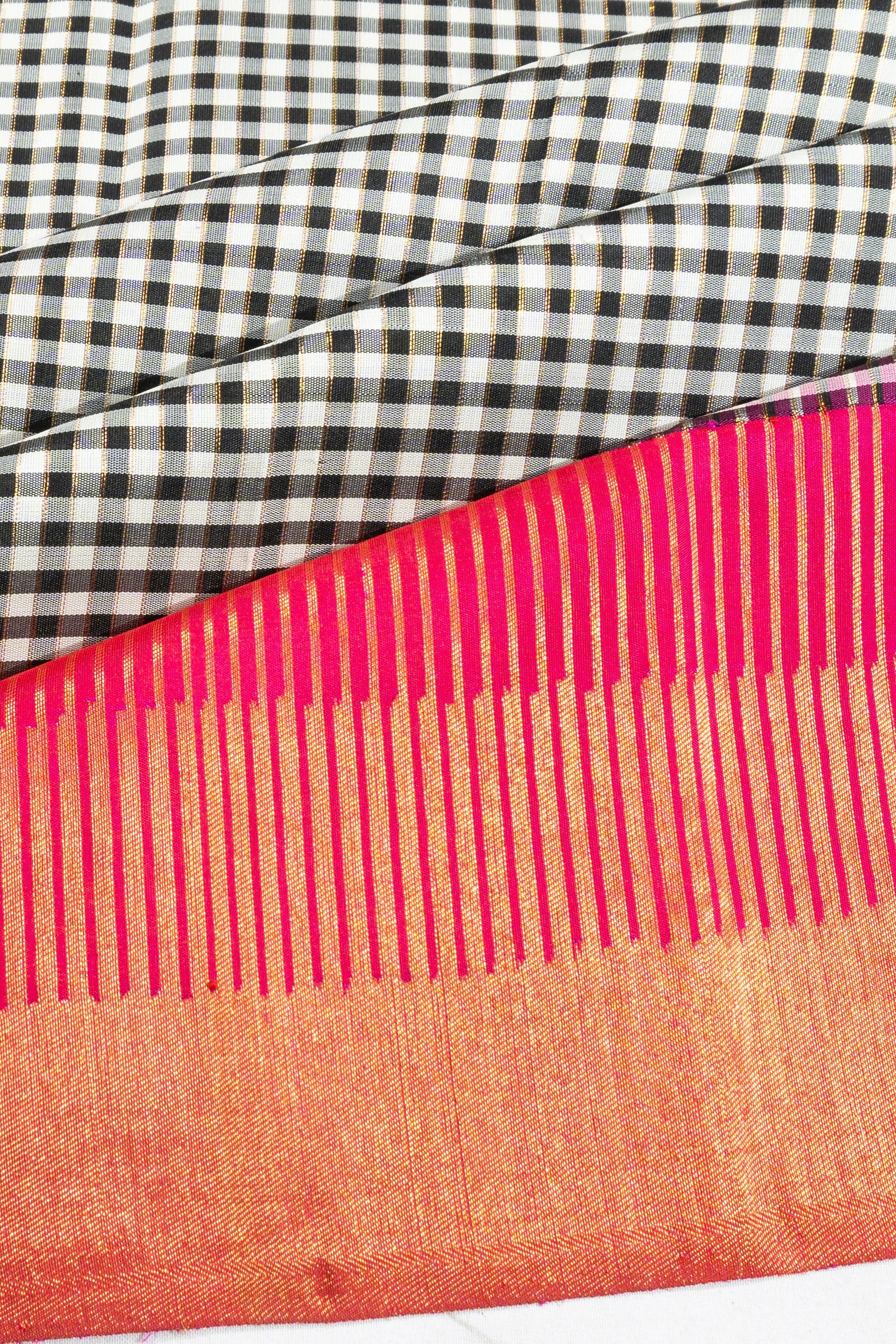 Kanchipuram Silk Checks White And Black Saree
