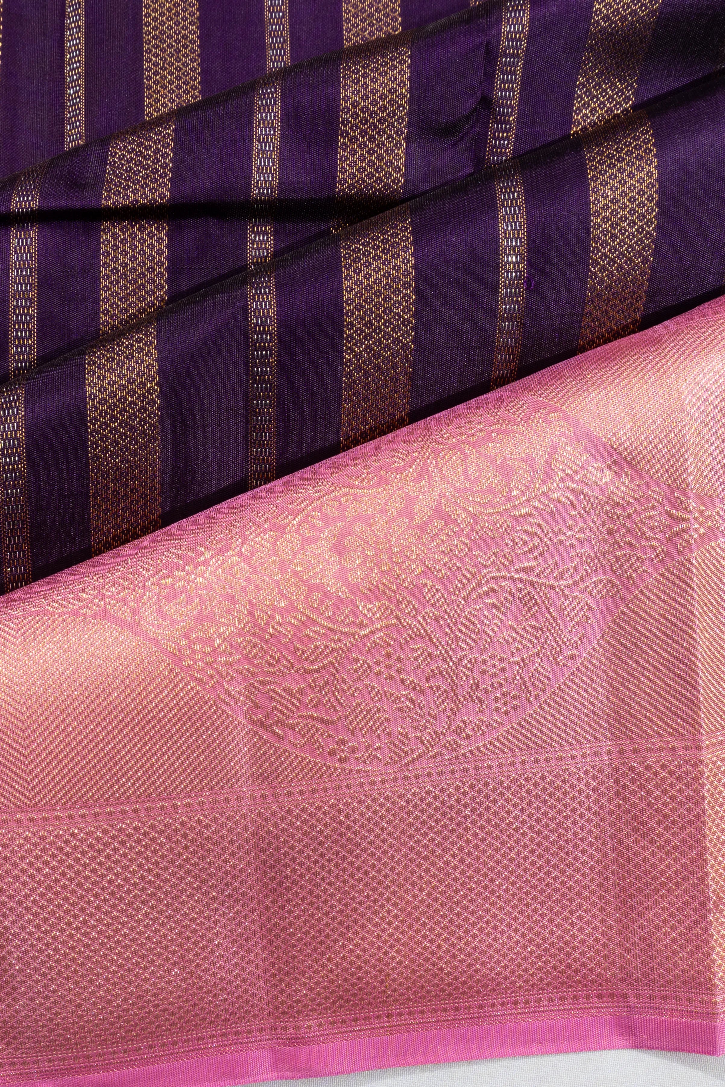 Kanchipuram Silk Vertical Lines Violet Saree