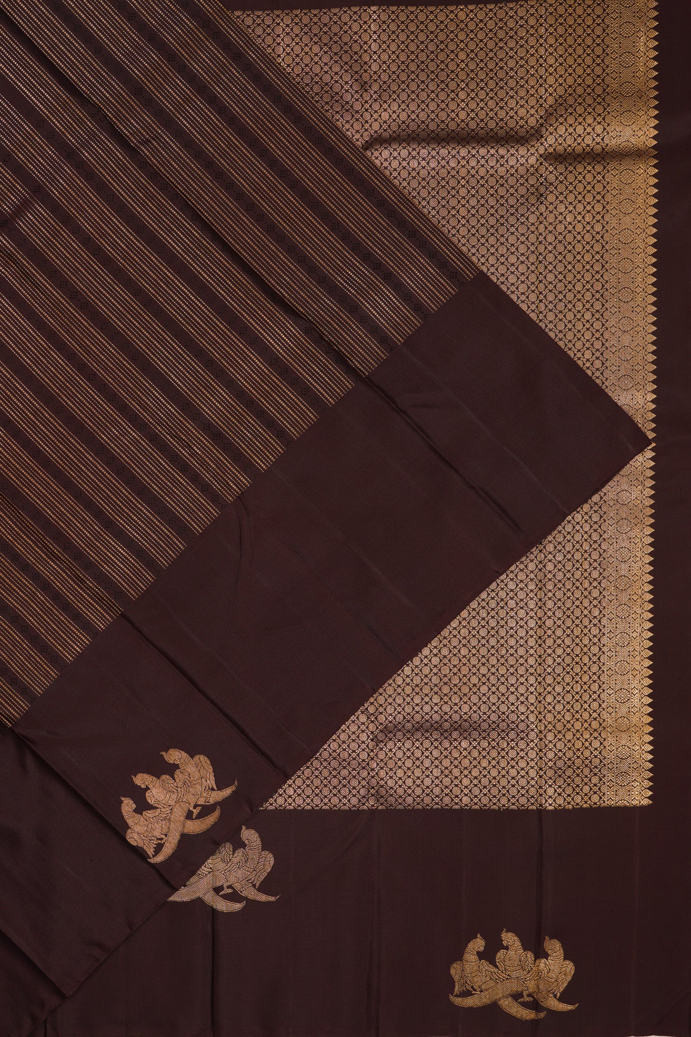 Banarasi Katan Silk Vertical Lines Brown Saree