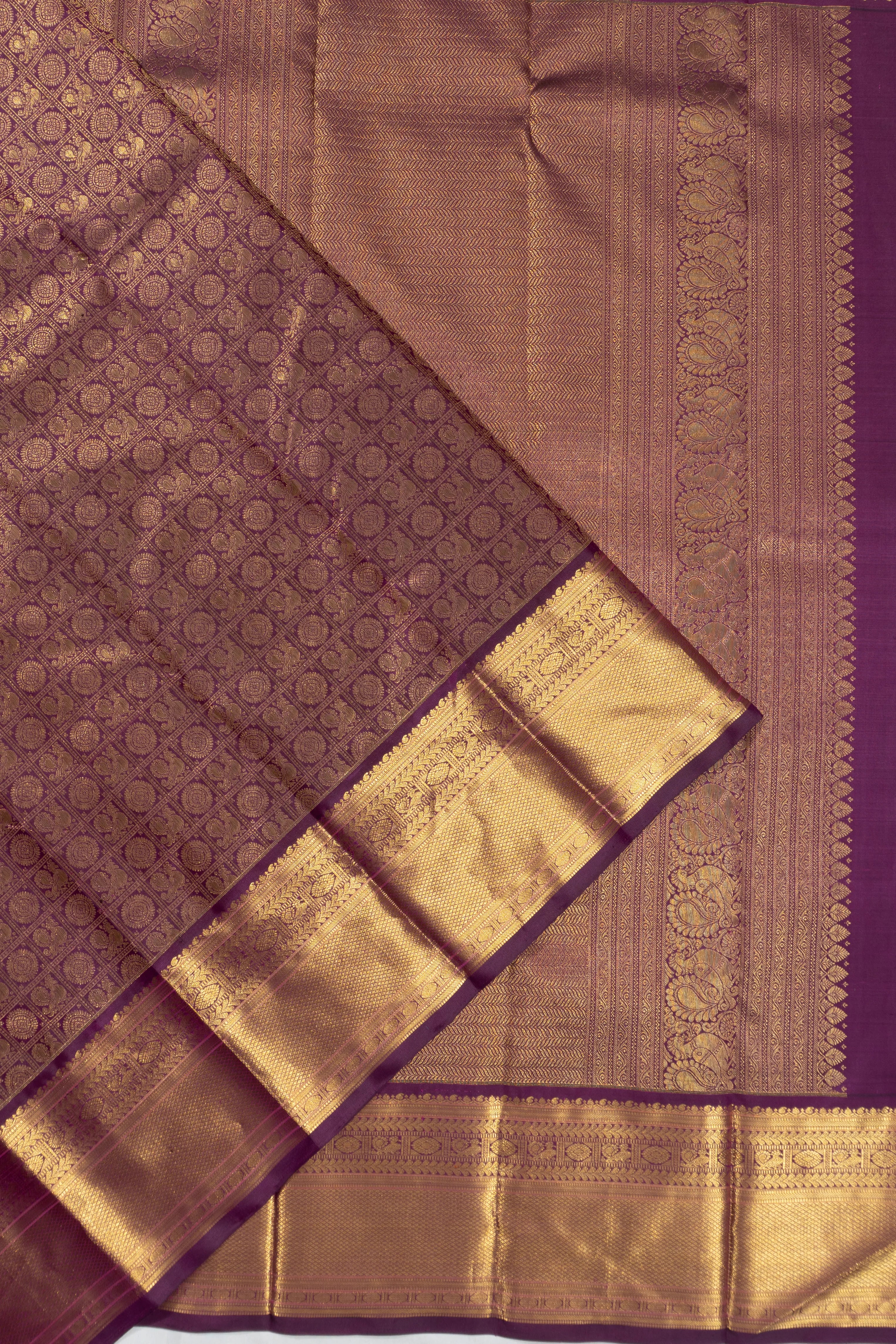 Kanchipuram Silk Checks And Butta Purple Saree