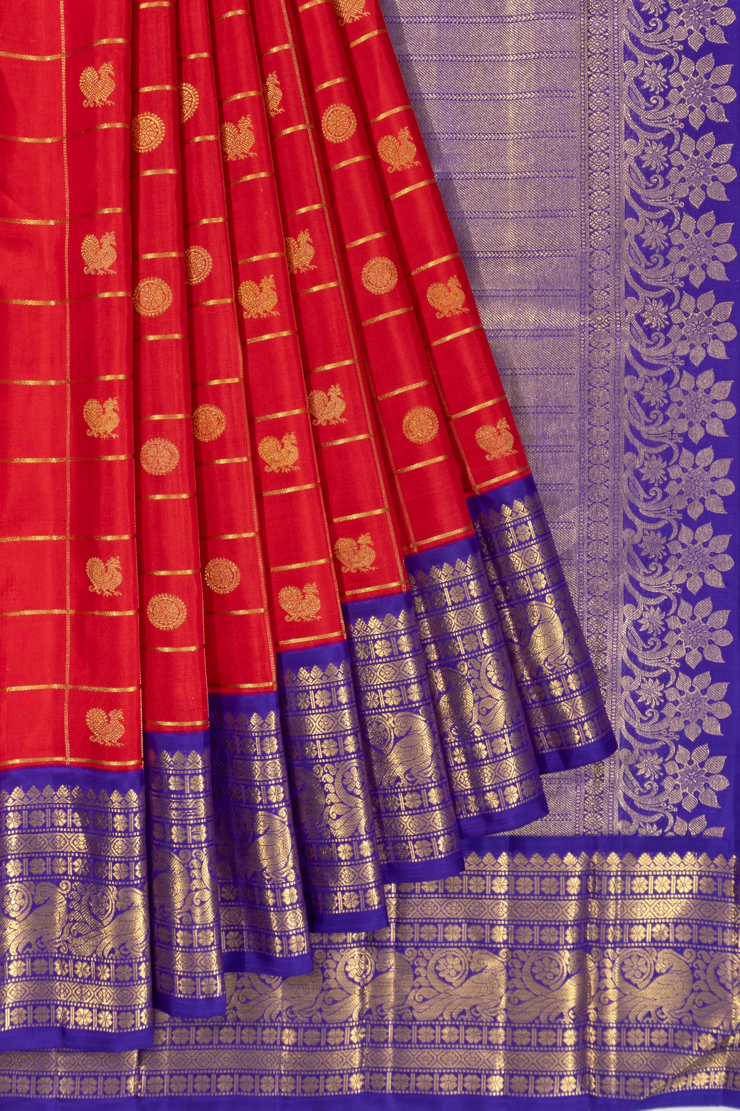 Kanchipuram Silk Checks And Butta Red Saree