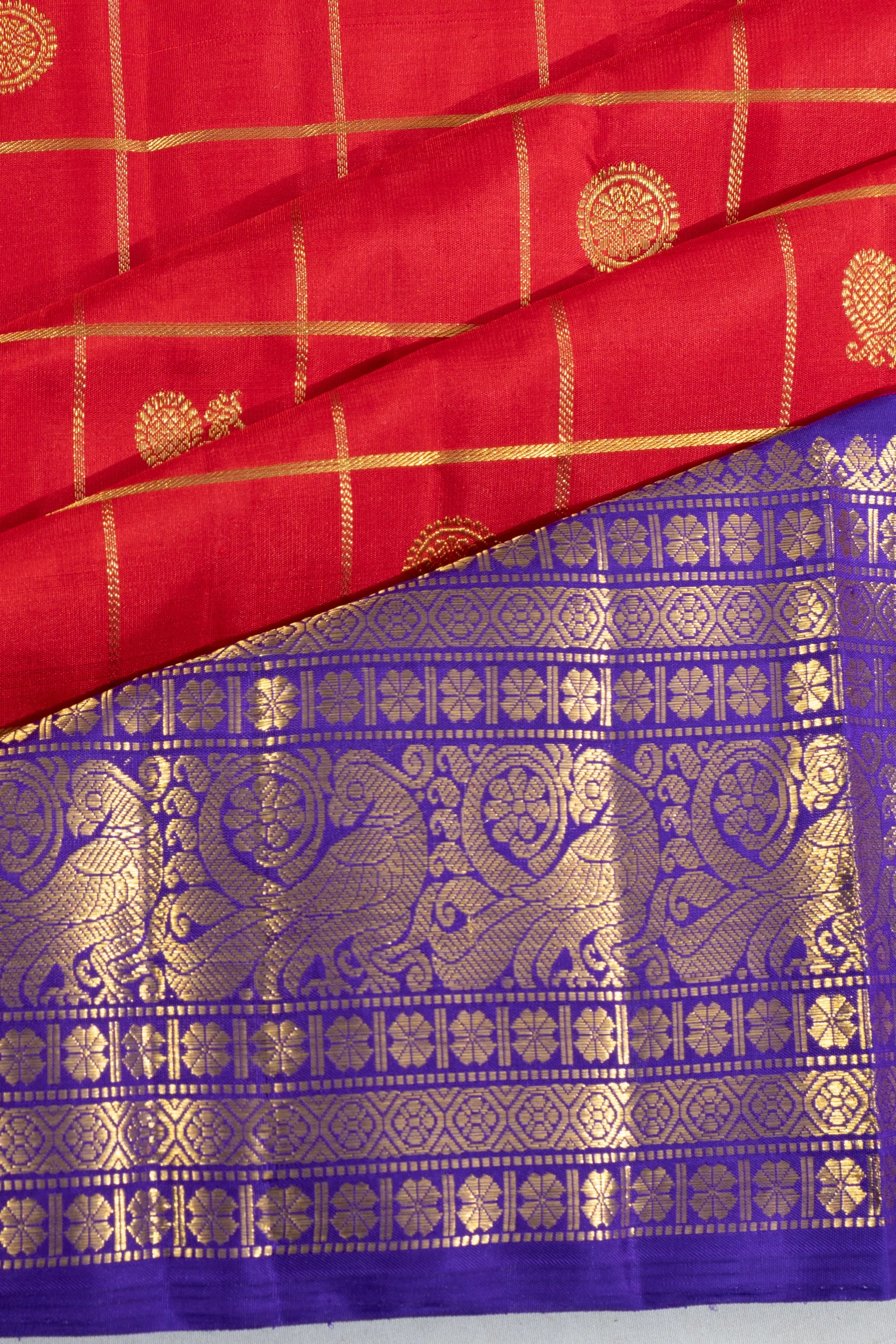 Kanchipuram Silk Checks And Butta Red Saree