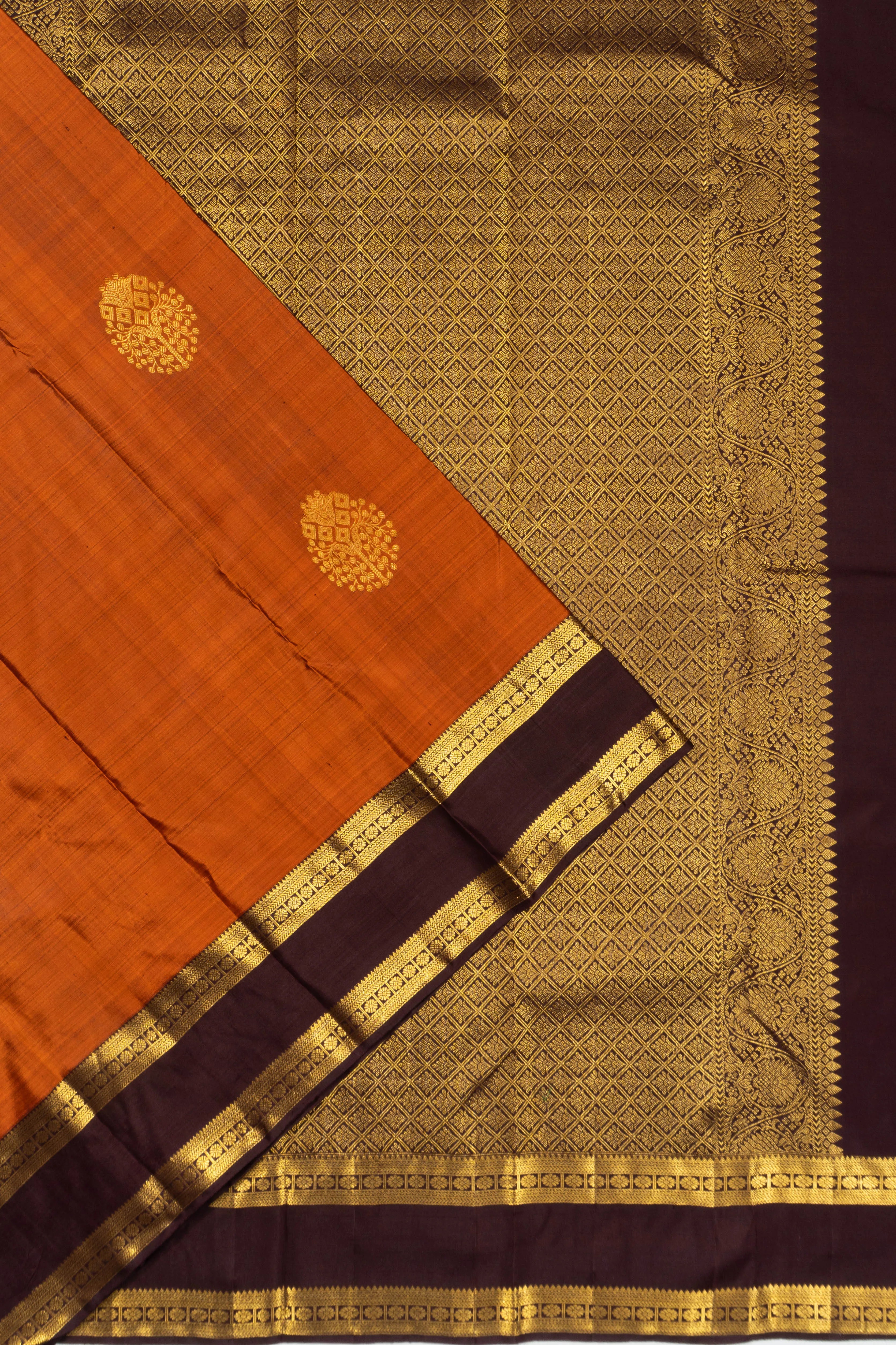 Kanchipuram Silk Butta Rust Orange Saree With Rettai Pettu Border