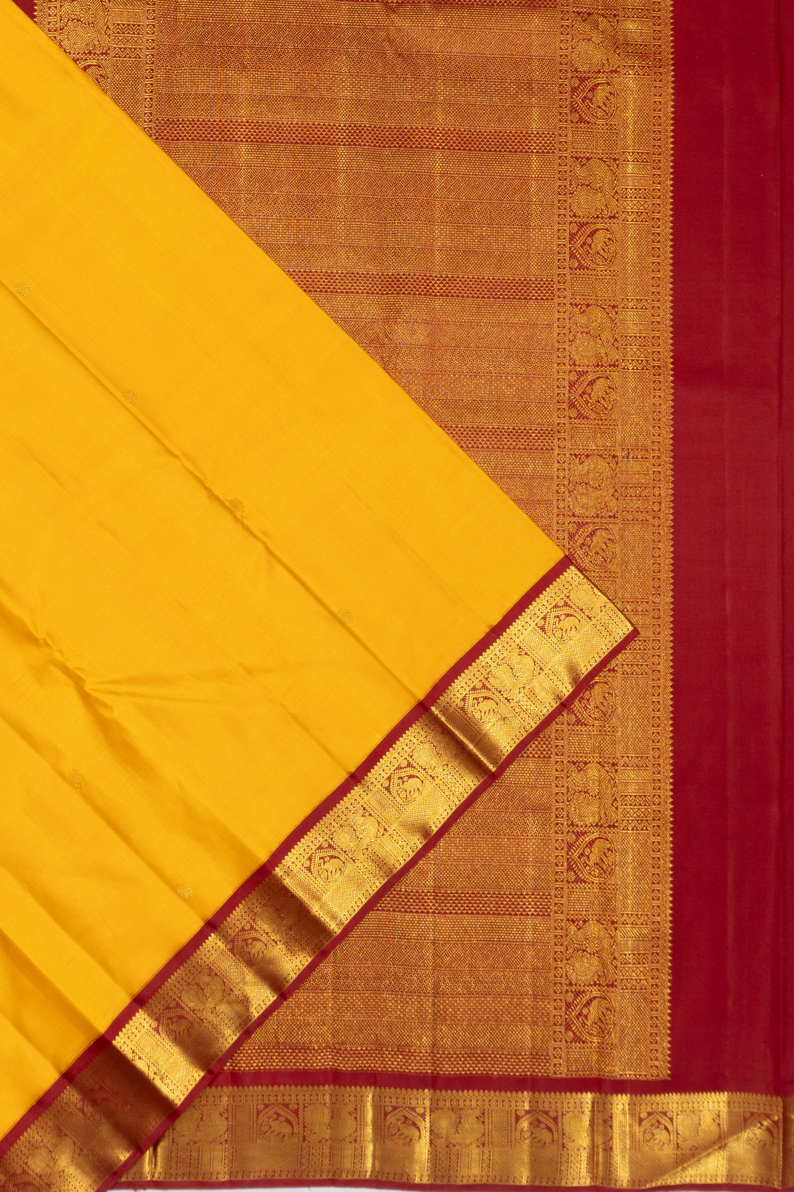 Kanchipuram Silk Butta Yellow Saree With Ganga Jamuna Border