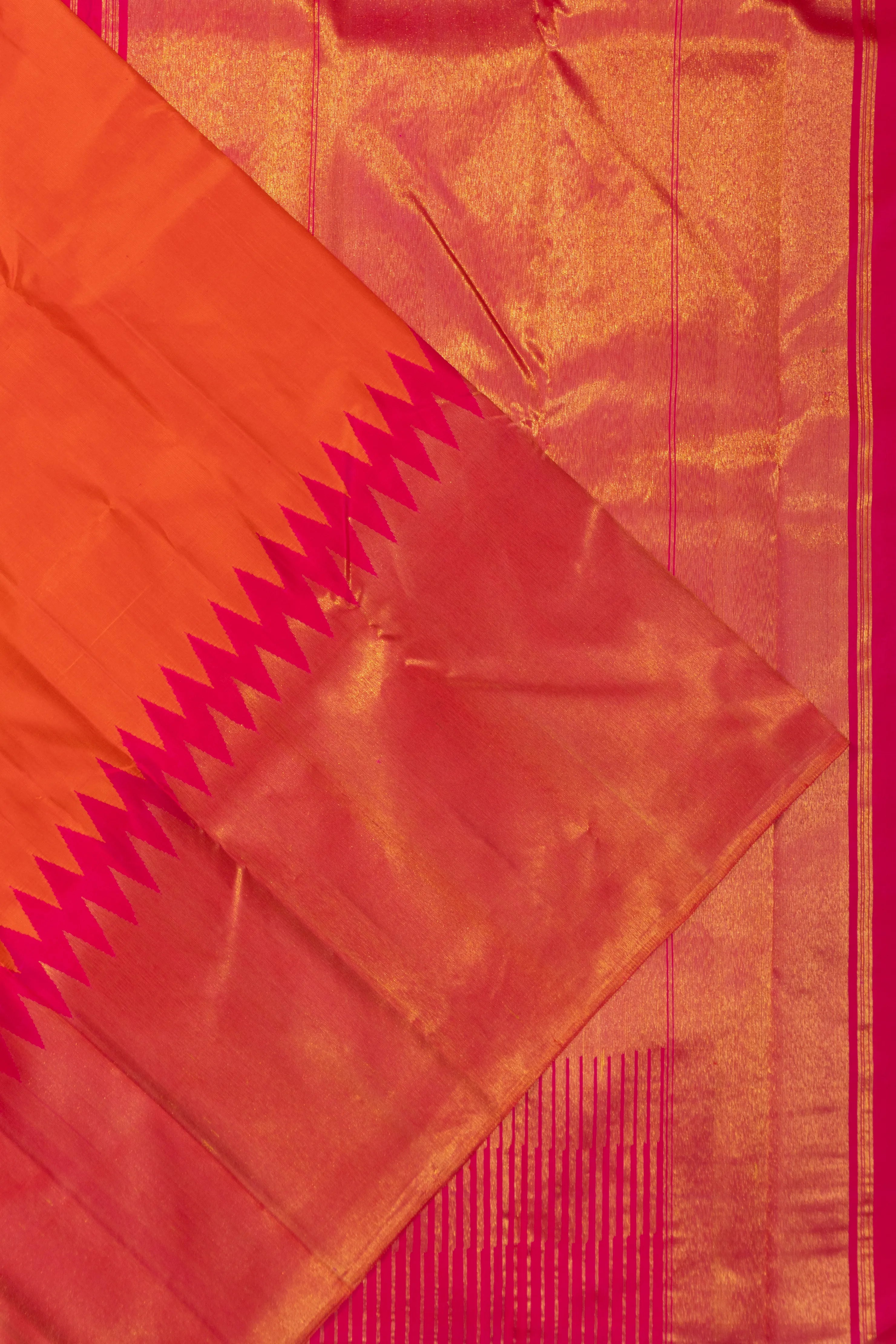 Kanchipuram Silk Raising Temple Half-n-Half Orange And Pink Saree