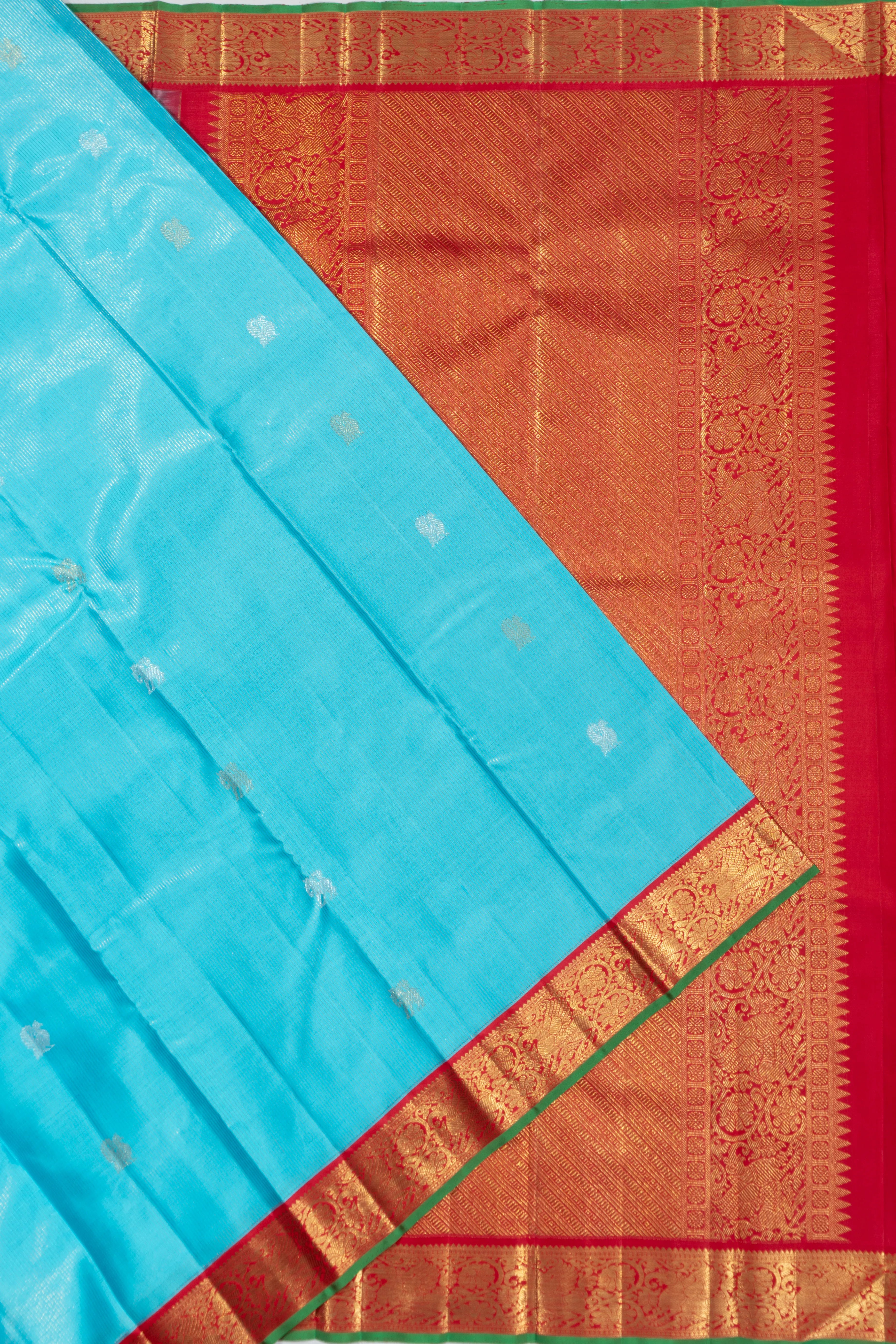 Kanchipuram Silk Vertical Lines And Butta Sky Blue Saree