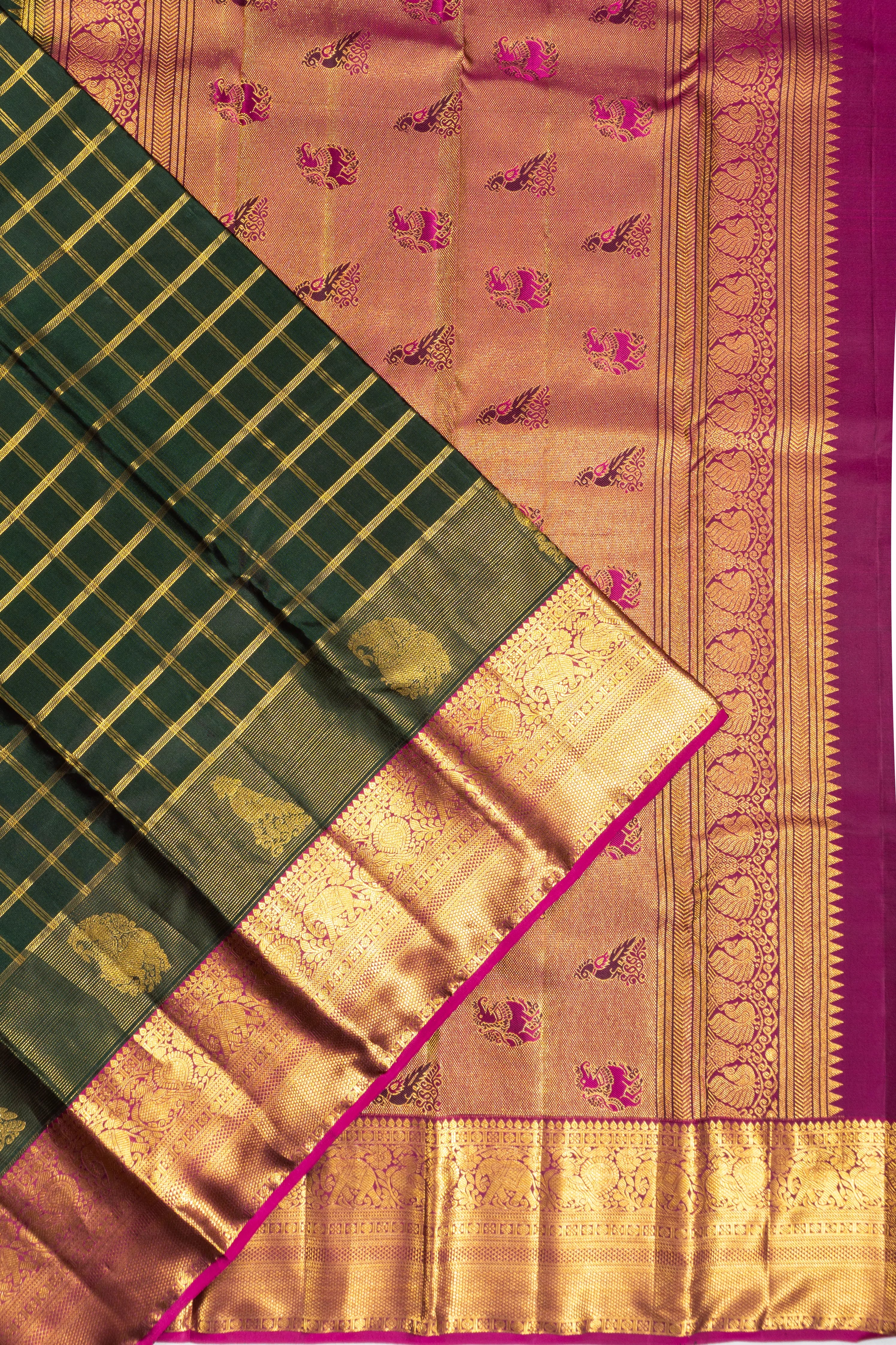 Taranga Kanchi Silk Checks Bottle Green Saree