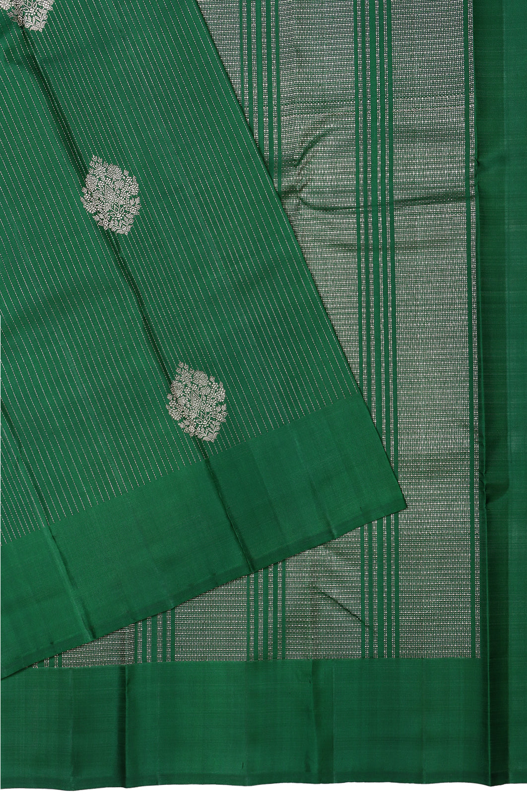 Antique Zari Kanchipuram Silk Vertical Lines Dark Green Saree