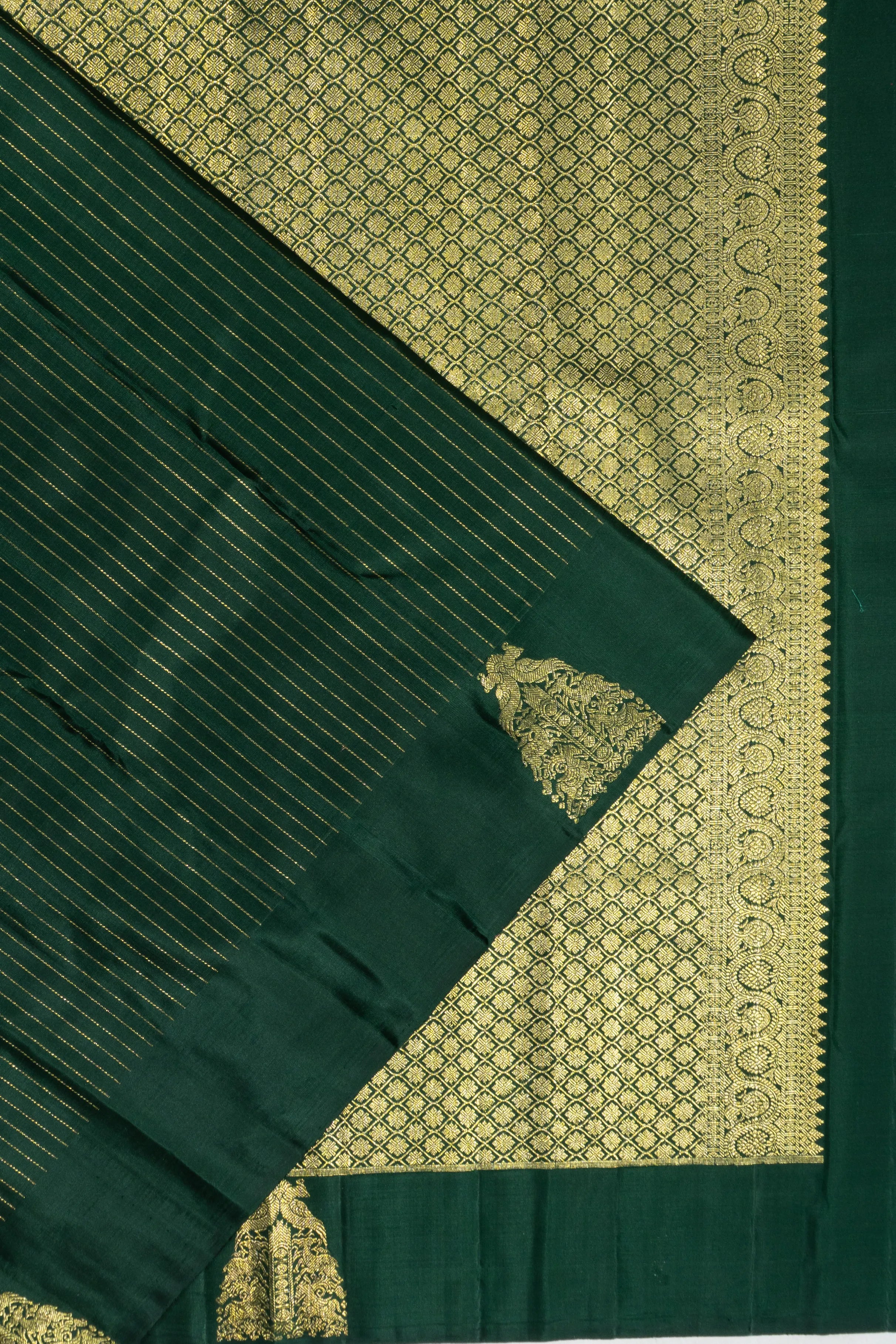 Taranga Kanchi Silk Vertical Lines Bottle Green Saree